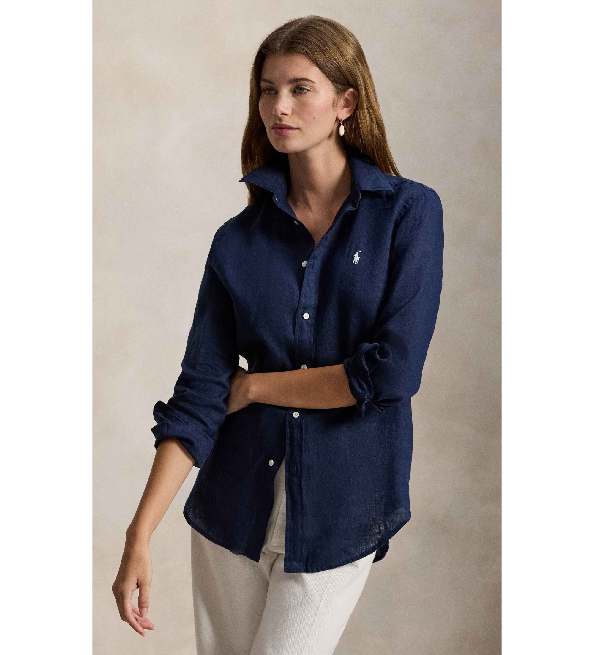 Polo Ralph Lauren für Damen. 211970730519 Klassisches Leinenhemd in Marineblau mit normaler Passform (XXS), Lässig, Langarm