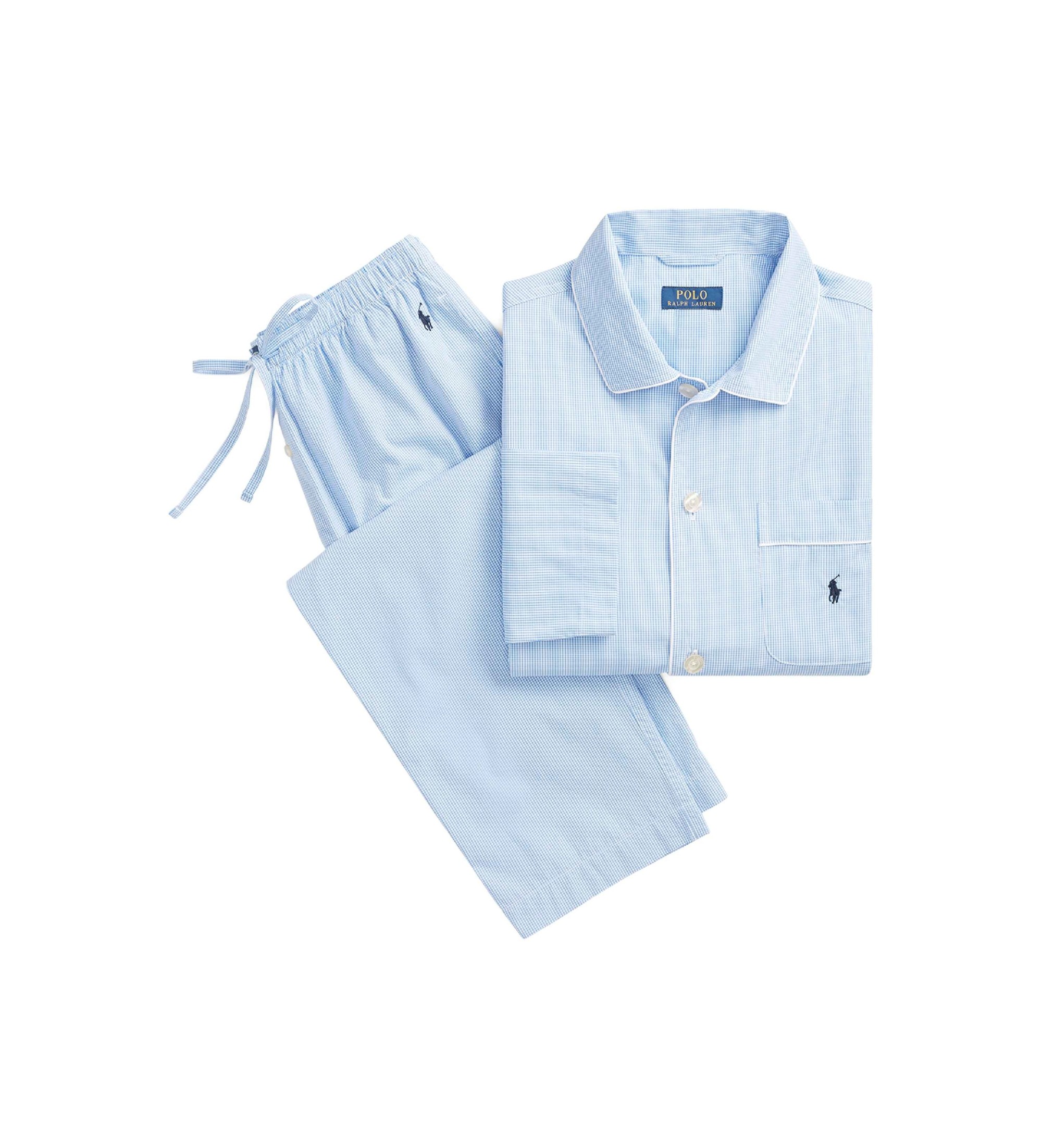Polo Ralph Lauren für Herren. 714514095001 Langer Schlafanzug aus Popeline mit blauen Vichy-Karos (L), Heimtextilien, Baumwolle, Langarm