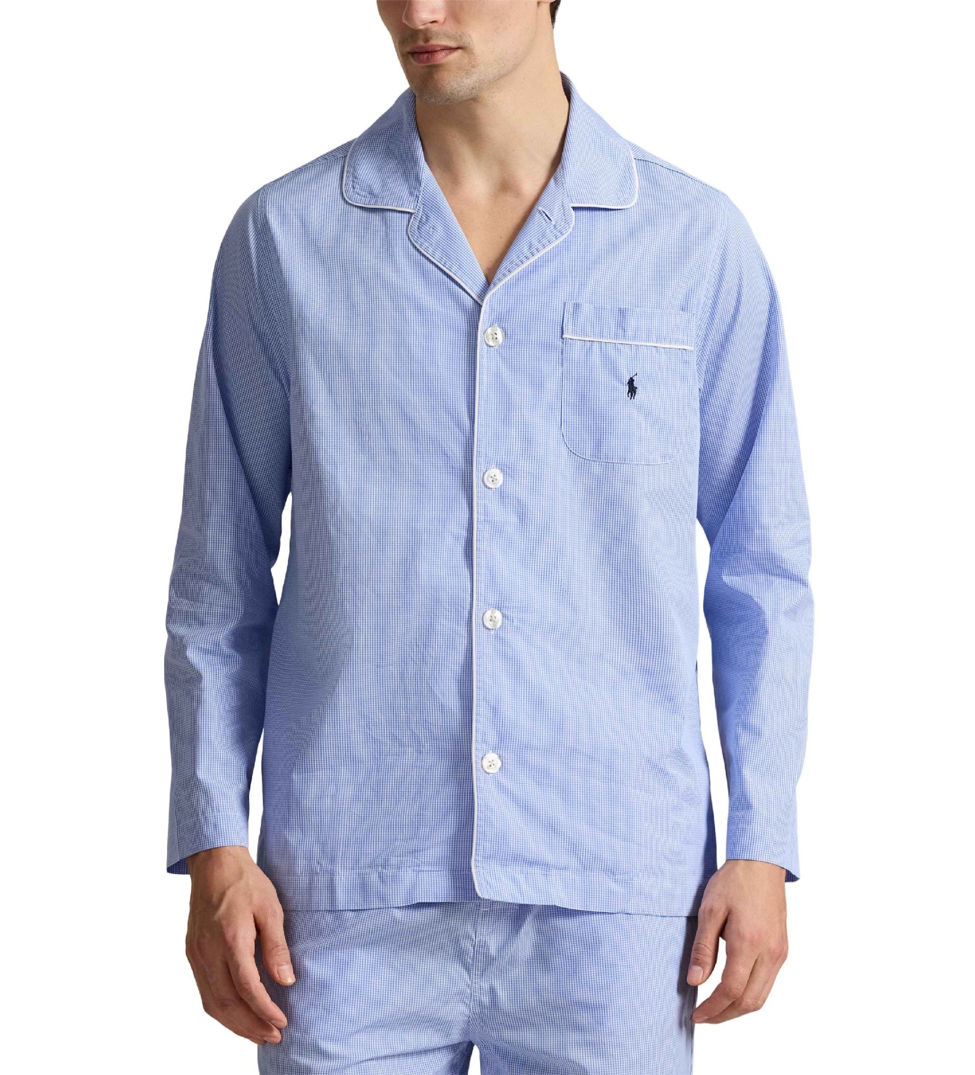 Polo Ralph Lauren für Herren. 714514095001 Langer Schlafanzug aus Popeline mit blauen Vichy-Karos (S), Heimtextilien, Baumwolle, Langarm