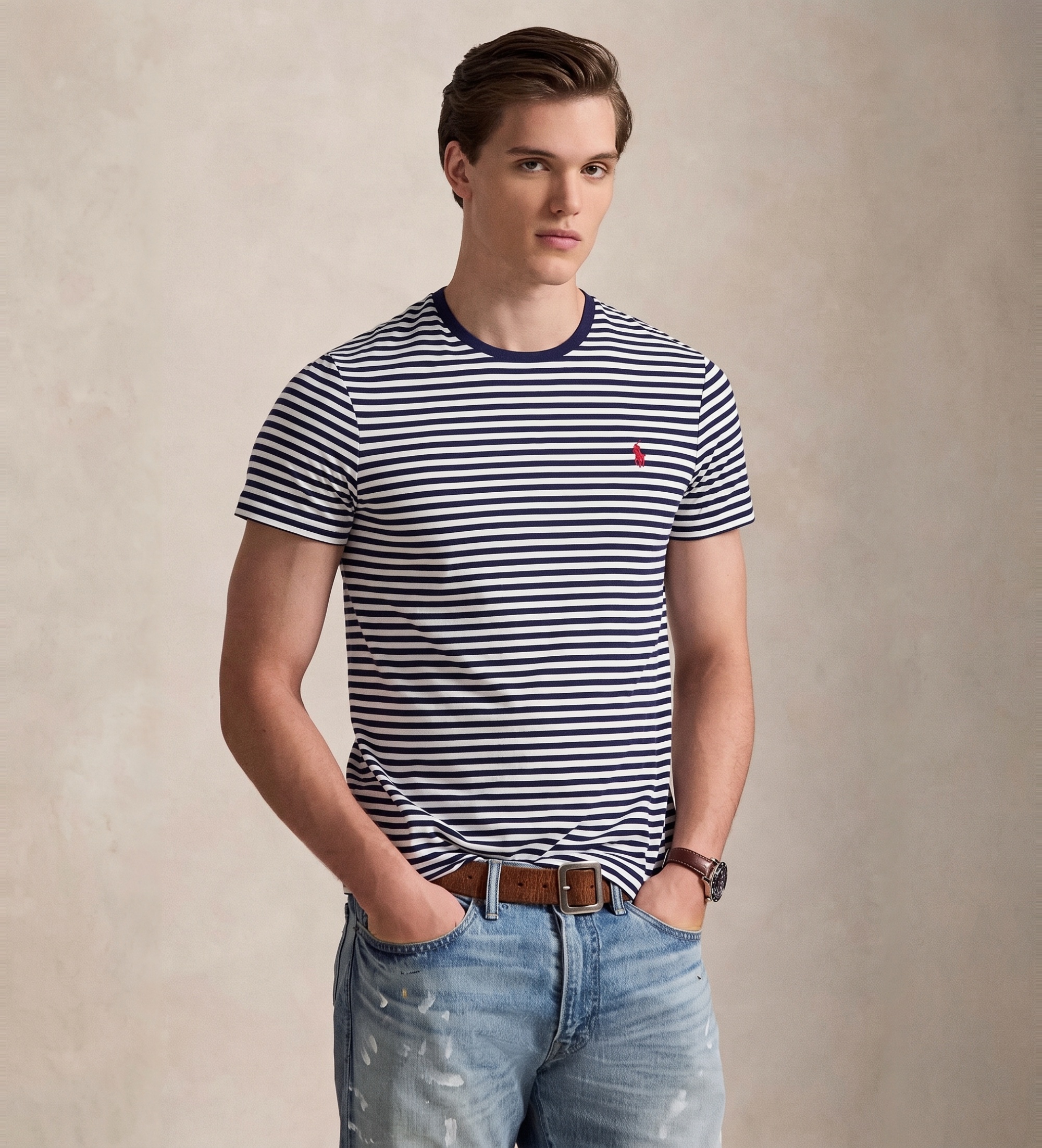 Polo Ralph Lauren für Herren. 710956828502 Marineblaues Custom-Slim-Fit-Strickshirt (M), Lässig, Baumwolle, Kurzarm