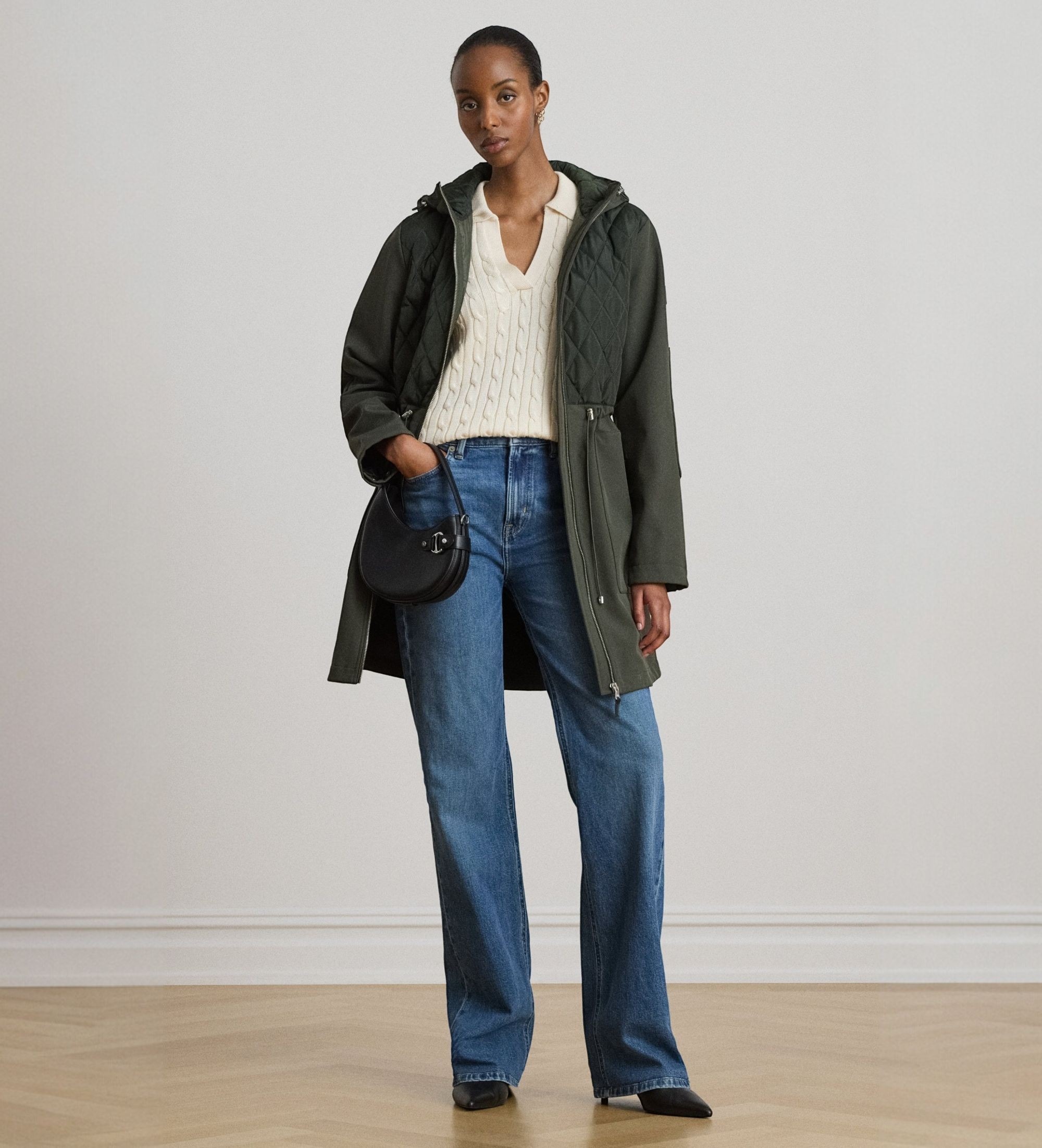 Lauren Ralph Lauren für Damen. 297P18056002 Damen-Steppmantel mit grüner Kapuze im Rautenmuster (M), Lässig, Recyceltes Polyester