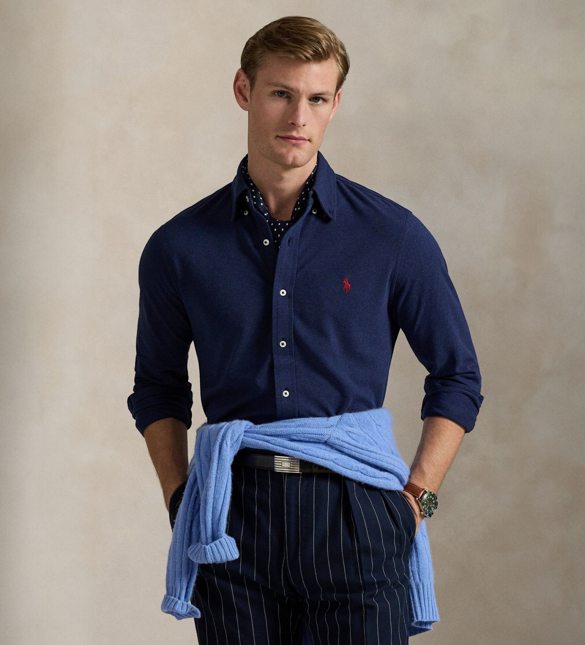 Polo Ralph Lauren für Herren. 710654408081 Ultraleichtes marineblaues Piqué-Hemd (M), Lässig, Baumwolle, Langarm