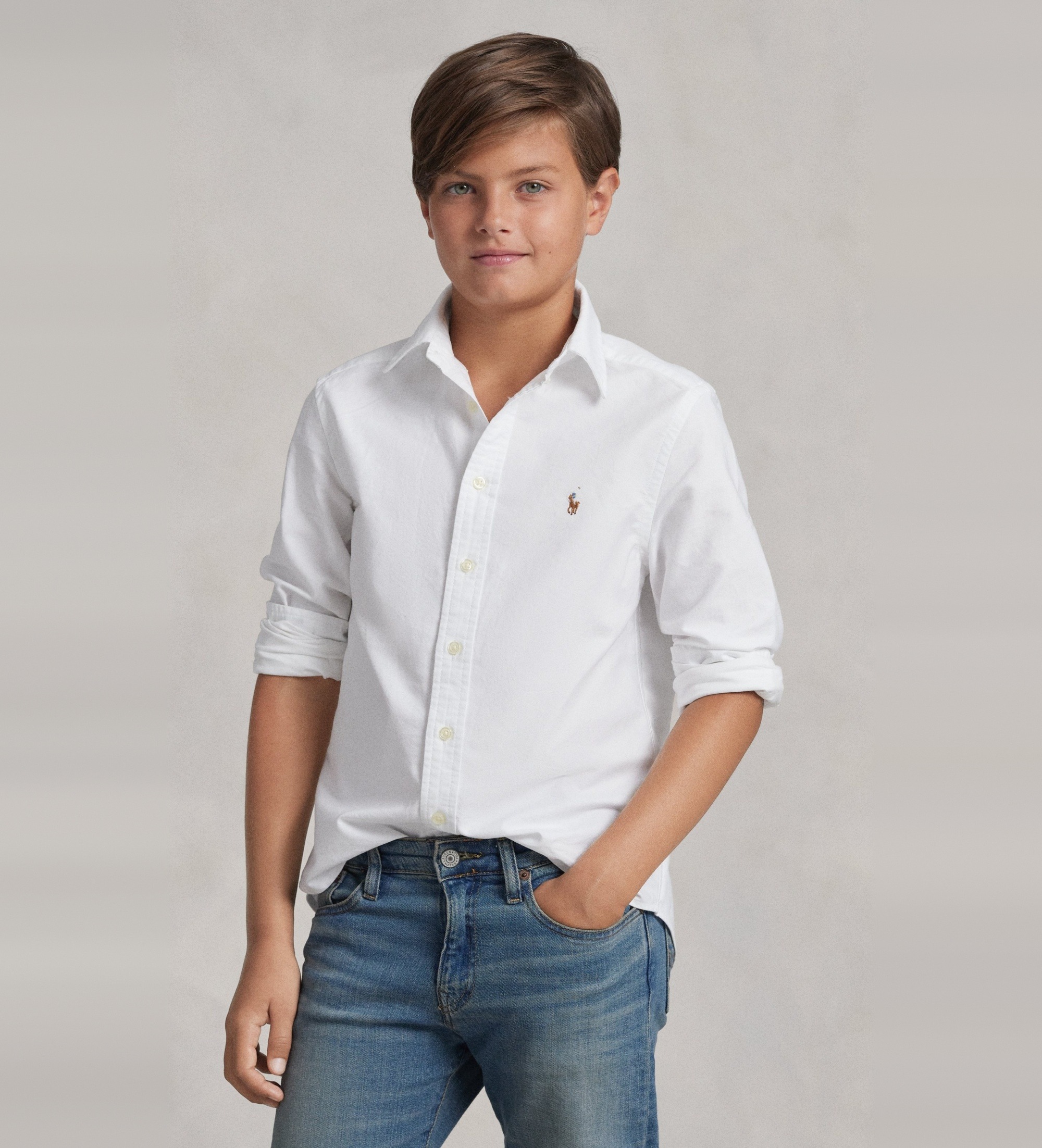 Polo Ralph Lauren für Jungen. 323677133001 Ikonisches weißes Oxford-Hemd ((M) 8/9años= 140/149cm), Lässig, Langarm, Kinderbekleidung