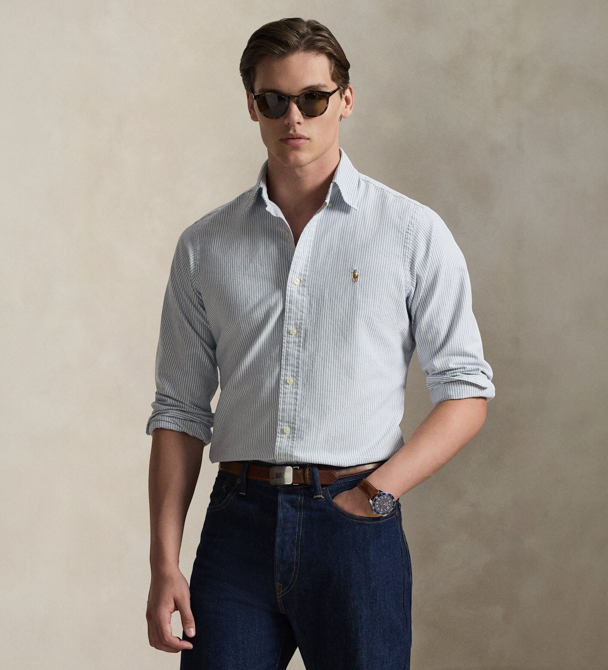 Polo Ralph Lauren für Herren. 710953704501 Custom Fit gestreiftes Oxford-Hemd weiß, marineblau (M), Lässig, Party, Baumwolle, Klassisch, Lan