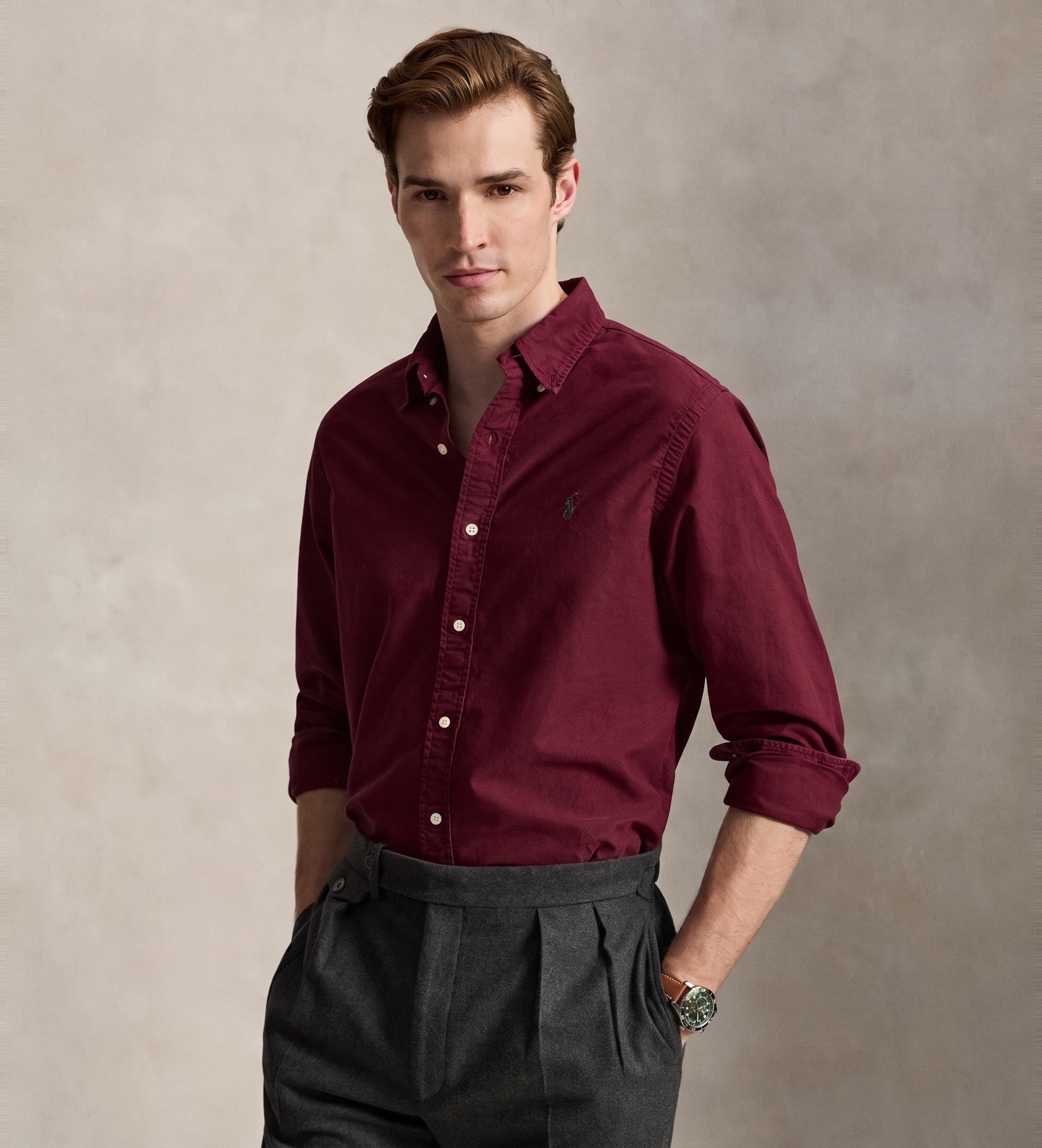 Polo Ralph Lauren für Herren. 710805564526 Custom Fit Gefärbtes Oxford-Hemd burgunderrot (S), Lässig, Kastanienbraun, Baumwolle, Langarm, Bo