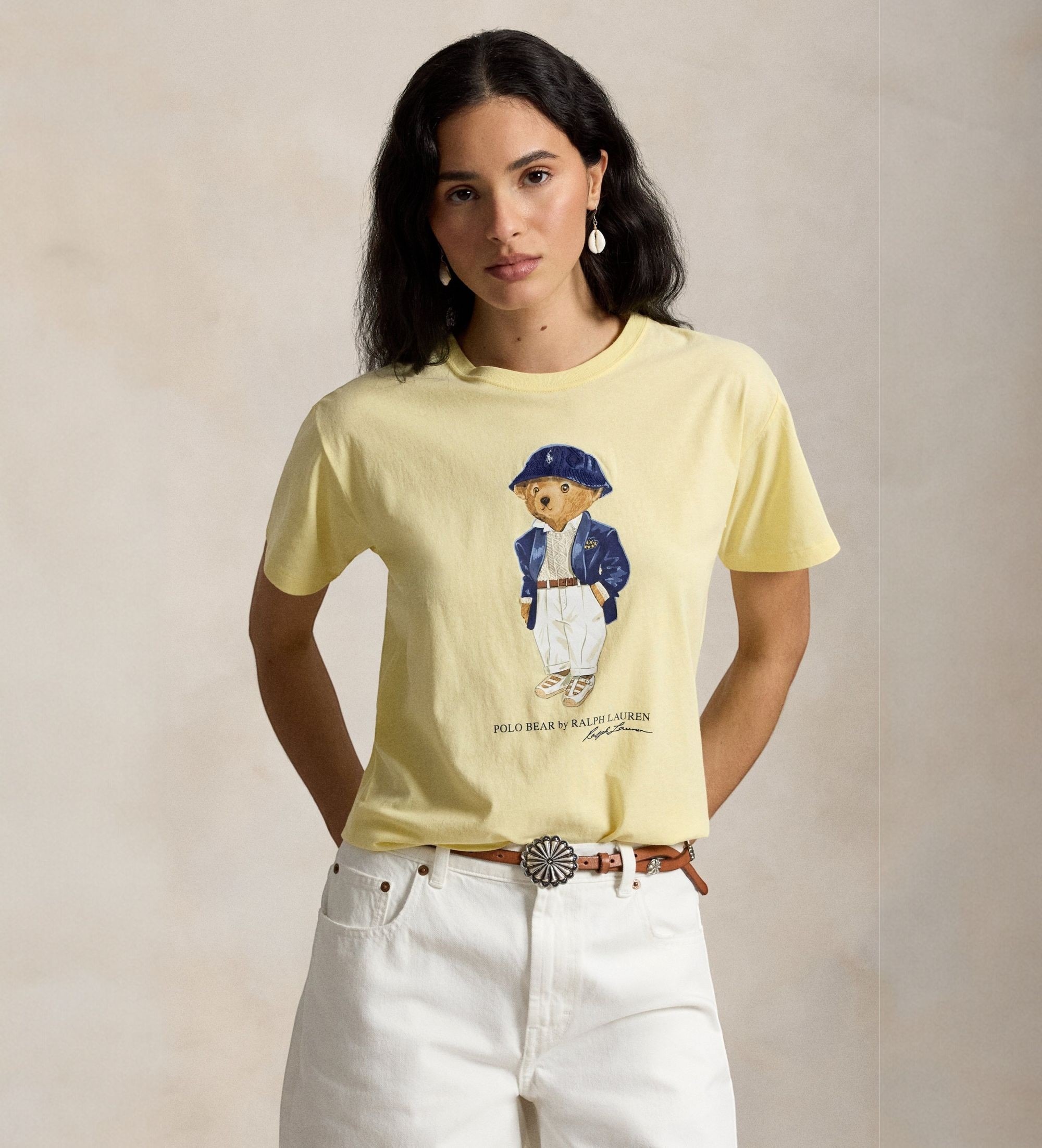 Polo Ralph Lauren für Damen. 211B17792001 Jersey-Strick-T-Shirt mit gelbem Polo-Bär (M), Lässig, Baumwolle, Kurzarm