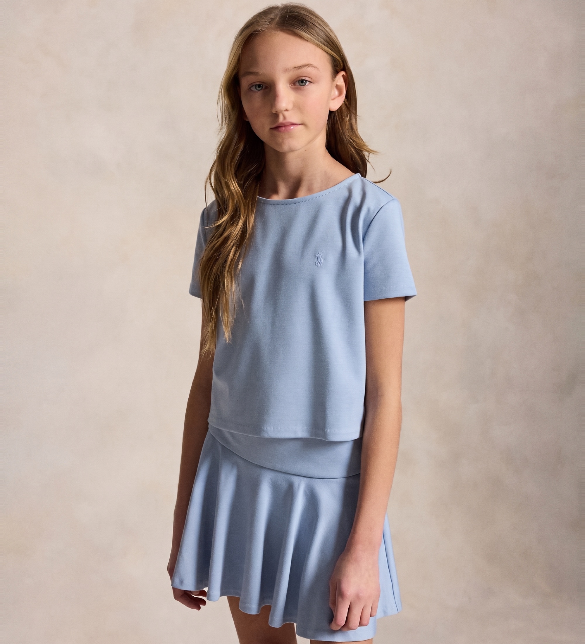 Polo Ralph Lauren für Mädchen. 313965215501 Blaues Ponte-T-Shirt und -Rock und -Hose ((S) 7años= 130/134cm), Lässig, Baumwolle, Kurzarm, Kin