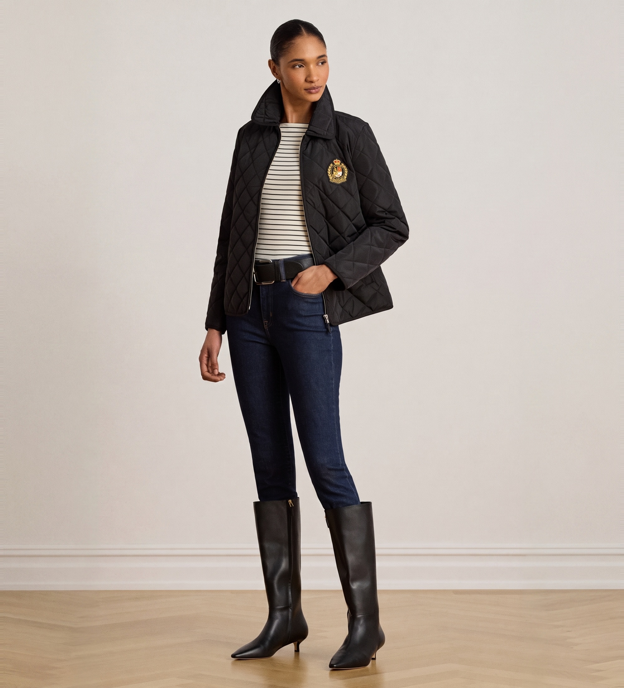 Lauren Ralph Lauren für Damen. 297979539001 Gesteppte Jacke mit schwarzem Wappenaufnäher (M), Lässig, Polyester