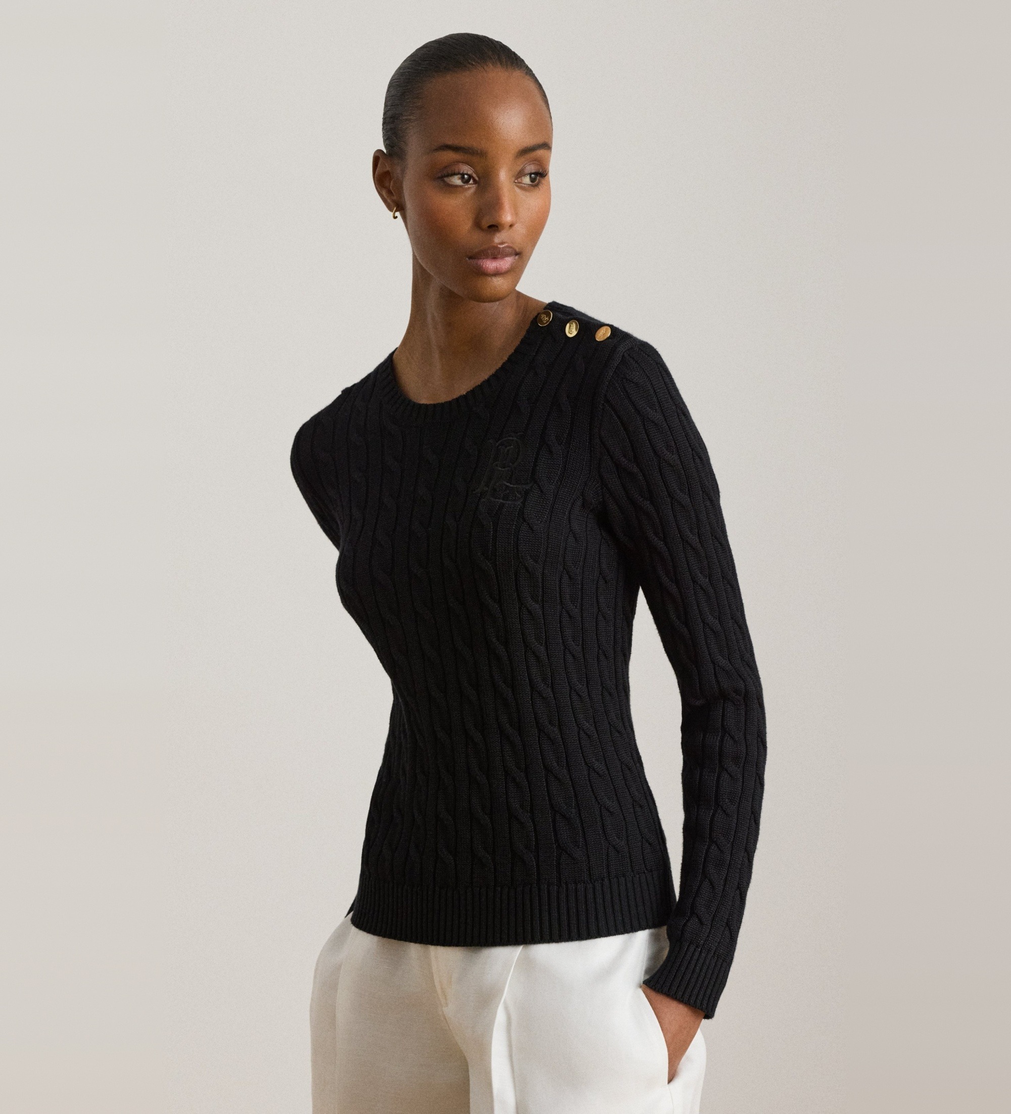 Lauren Ralph Lauren für Damen. 200P14039001 Pullover mit Zopfmuster und Knöpfen schwarz (XL), Lässig, Baumwolle, Langarm