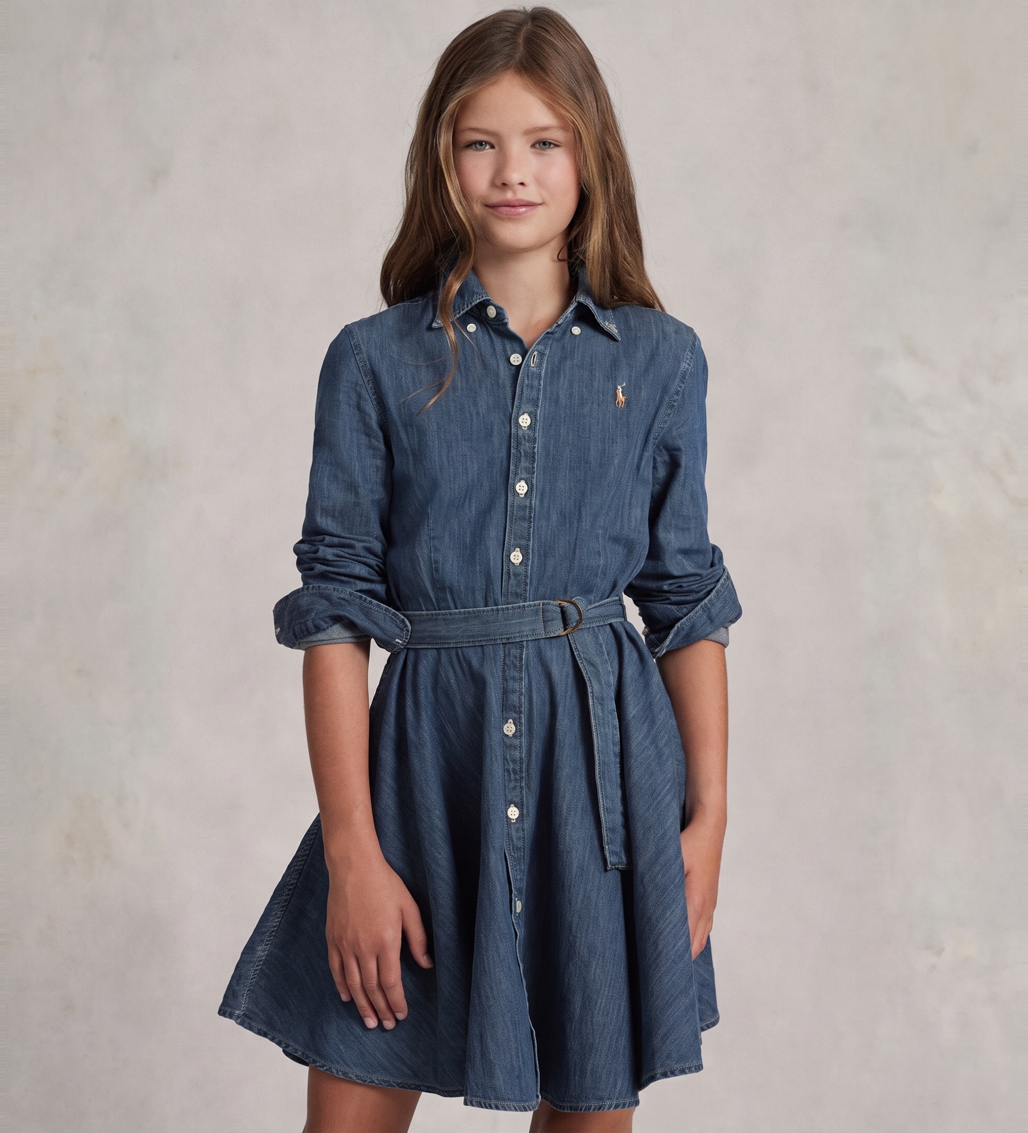 Polo Ralph Lauren für Mädchen. 313698860001 Hemdkleid aus Baumwoll-Denim mit blauem Gürtel (10años= 144/147cm), Lässig, Baumwolle, Kinderbek