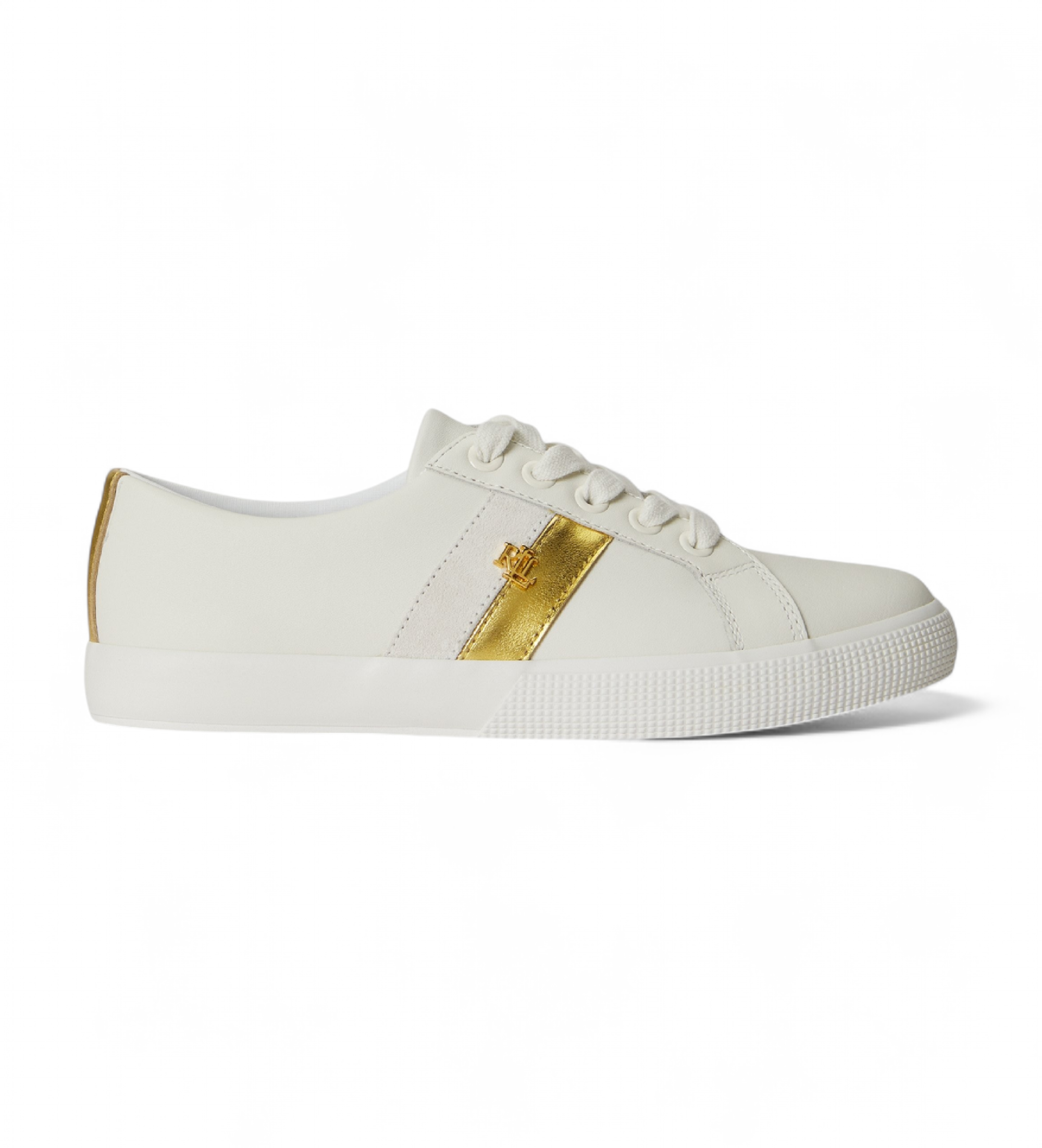 Lauren Ralph Lauren für Damen. 802P02521002 Janson II Turnschuhe aus Leder und cremefarbenem Metall (37), Weiß, Wohnung, Schnürsenkel, Lässi
