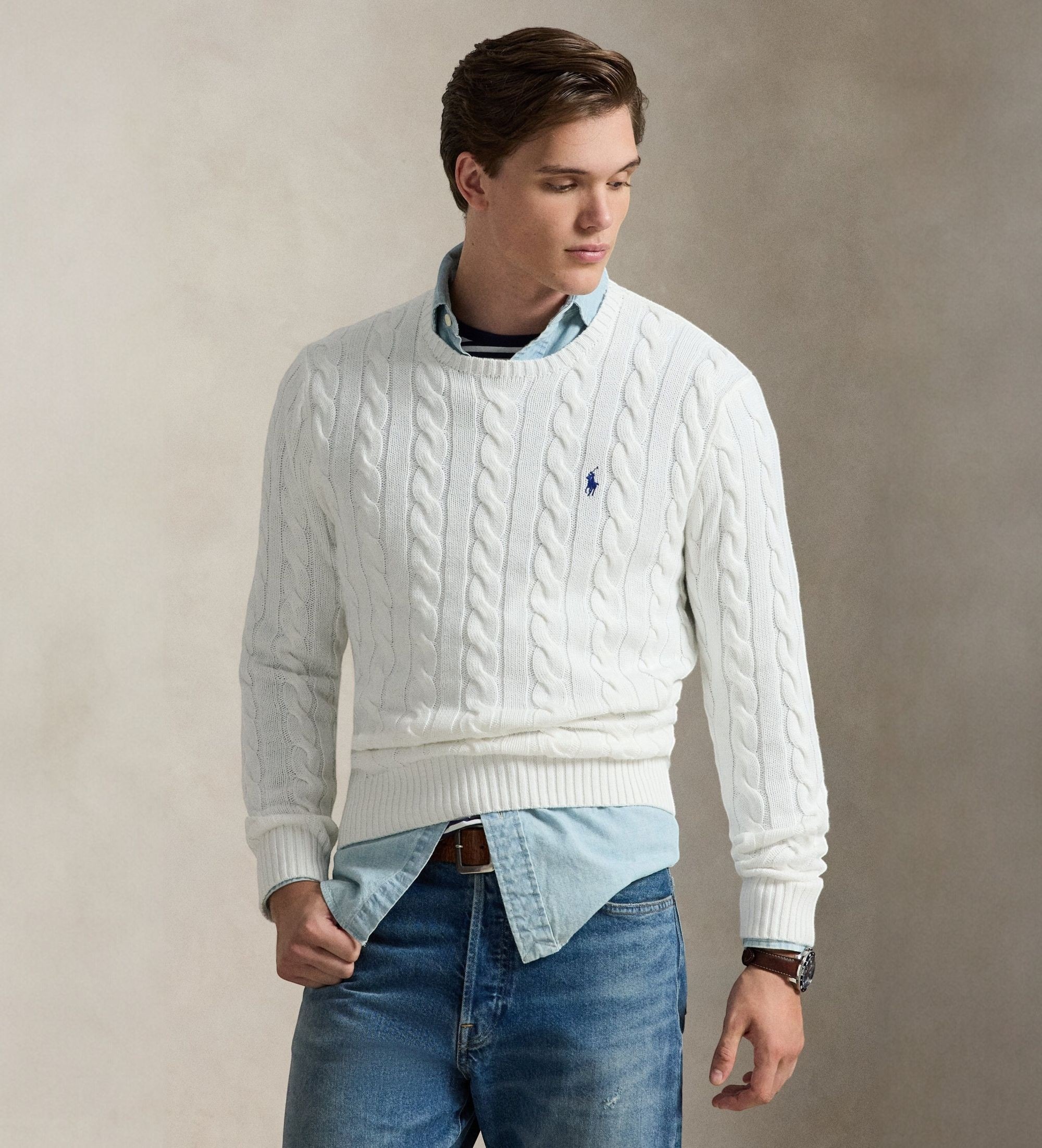 Polo Ralph Lauren für Herren. 710775885033 Baumwolltrikot in weißem Ecru-Strickjersey (L), Lässig, Baumwolle