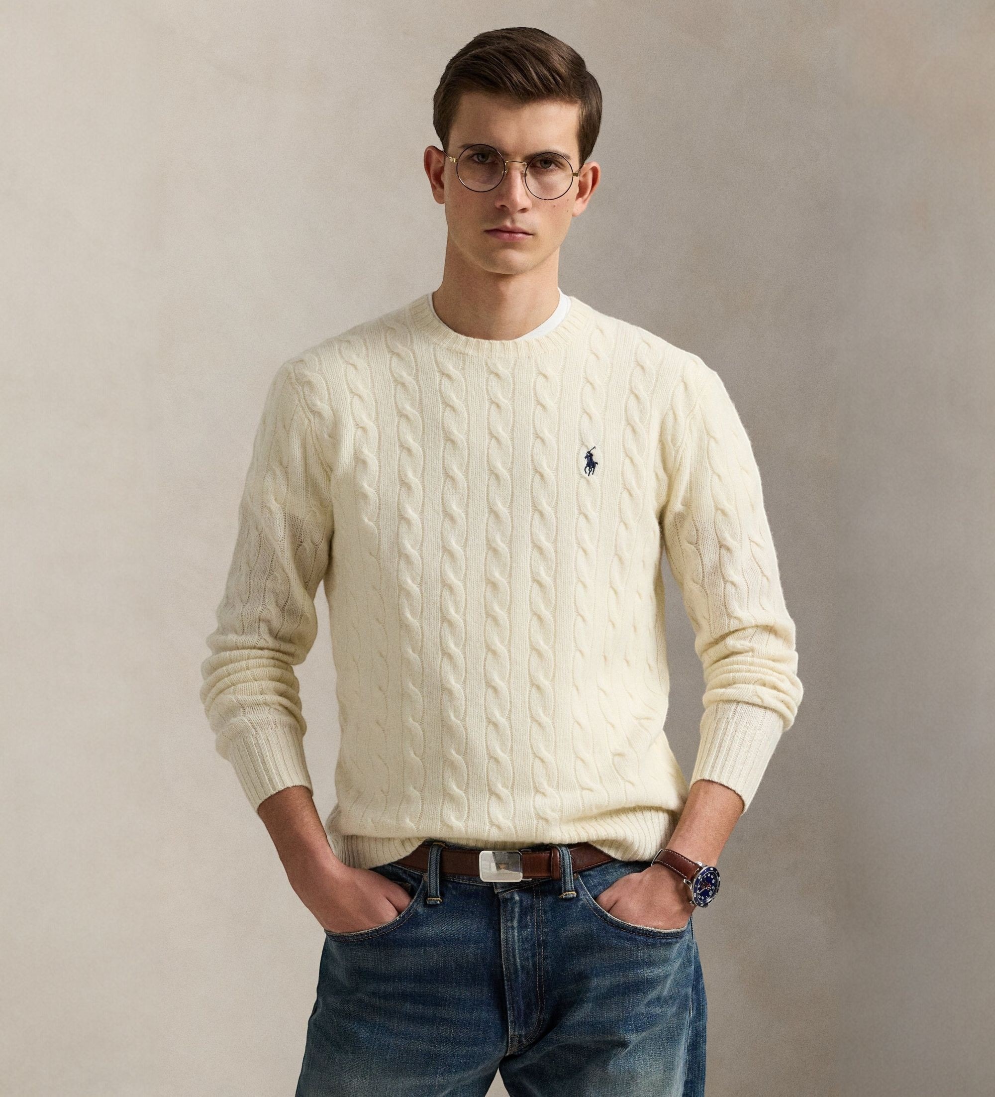 Polo Ralph Lauren für Herren. 710876762010 Pullover aus cremeweißer Wolle und Kaschmir (M), Lässig, Klassisch
