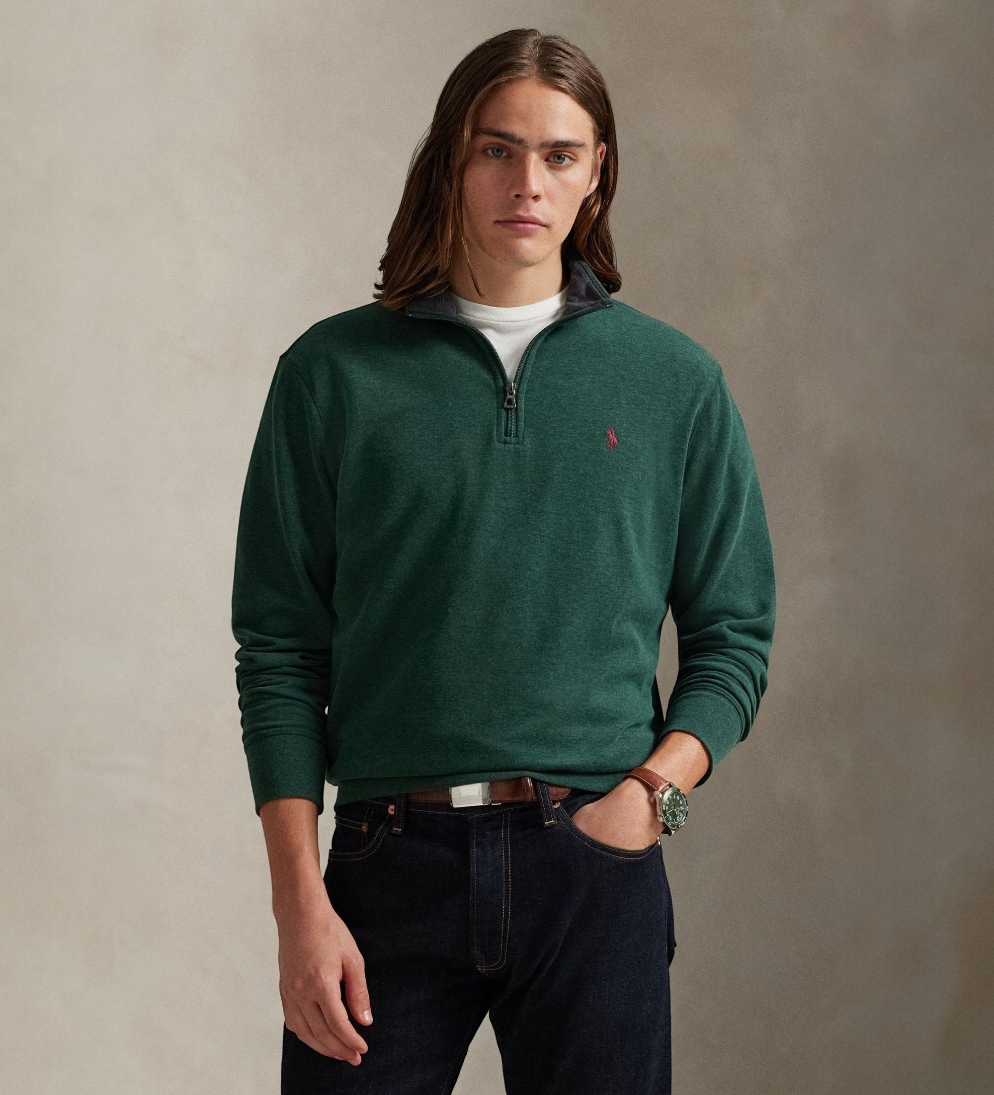 Polo Ralph Lauren für Herren. 710812963074 Ultraweicher Strickpulli mit grünem Reißverschluss (M), Lässig, Baumwolle