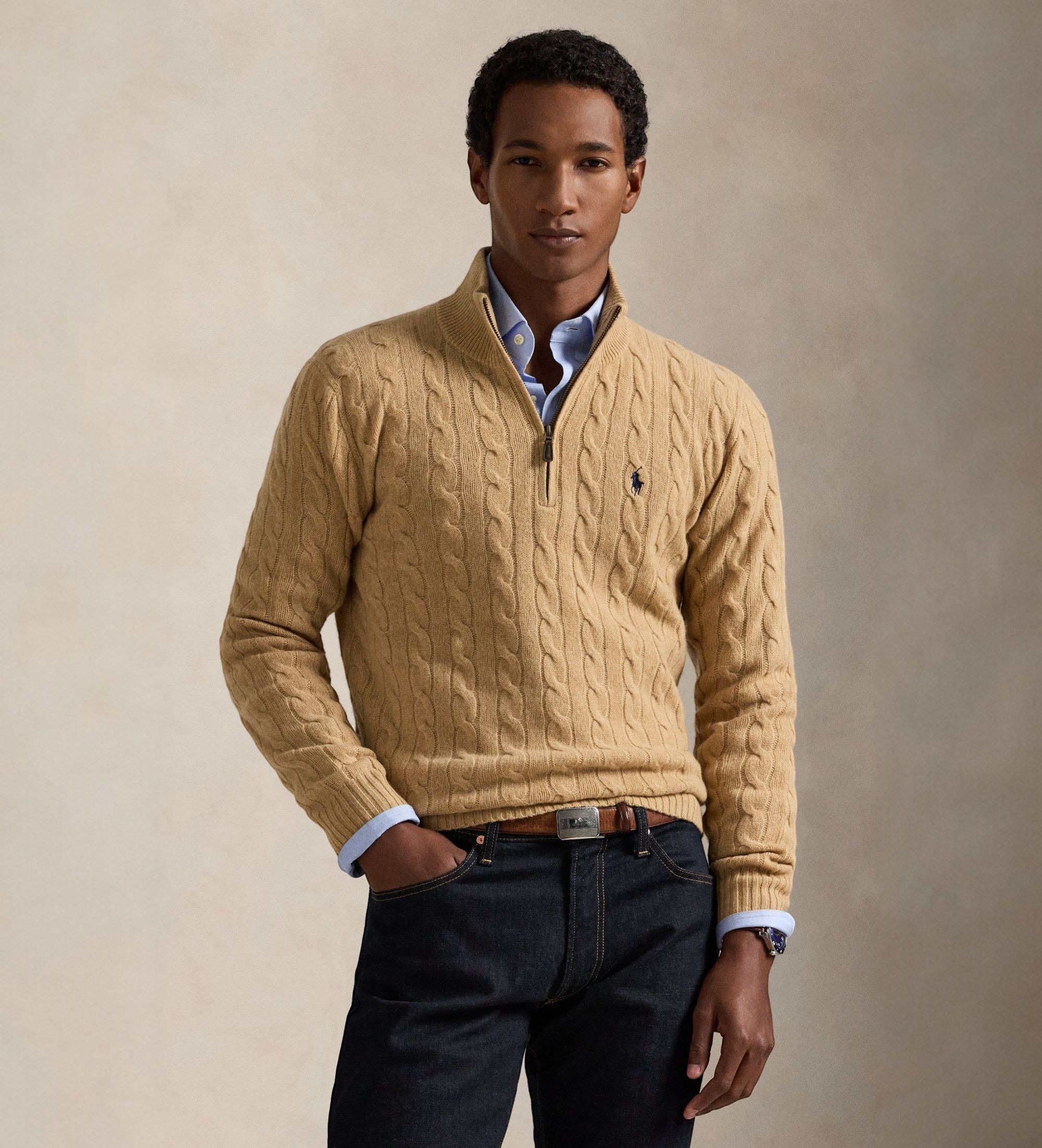 Polo Ralph Lauren für Herren. 710876766006 Beigefarbener Strickpullover mit Reißverschluss (L), Lässig, Wolle, Klassisch