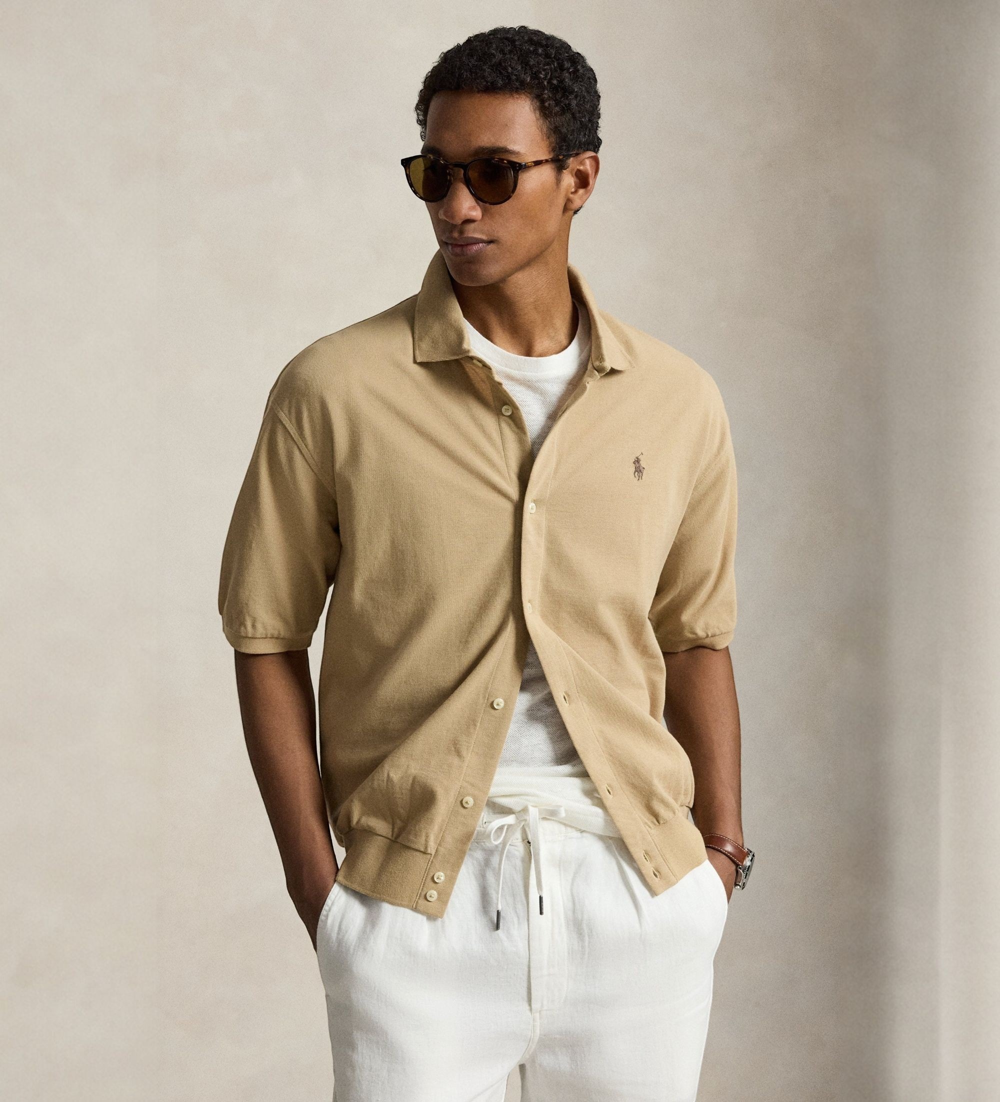Polo Ralph Lauren für Herren. 710B18514002 Beiges Sport-Hemd (L), Lässig, Baumwolle, Kurzarm