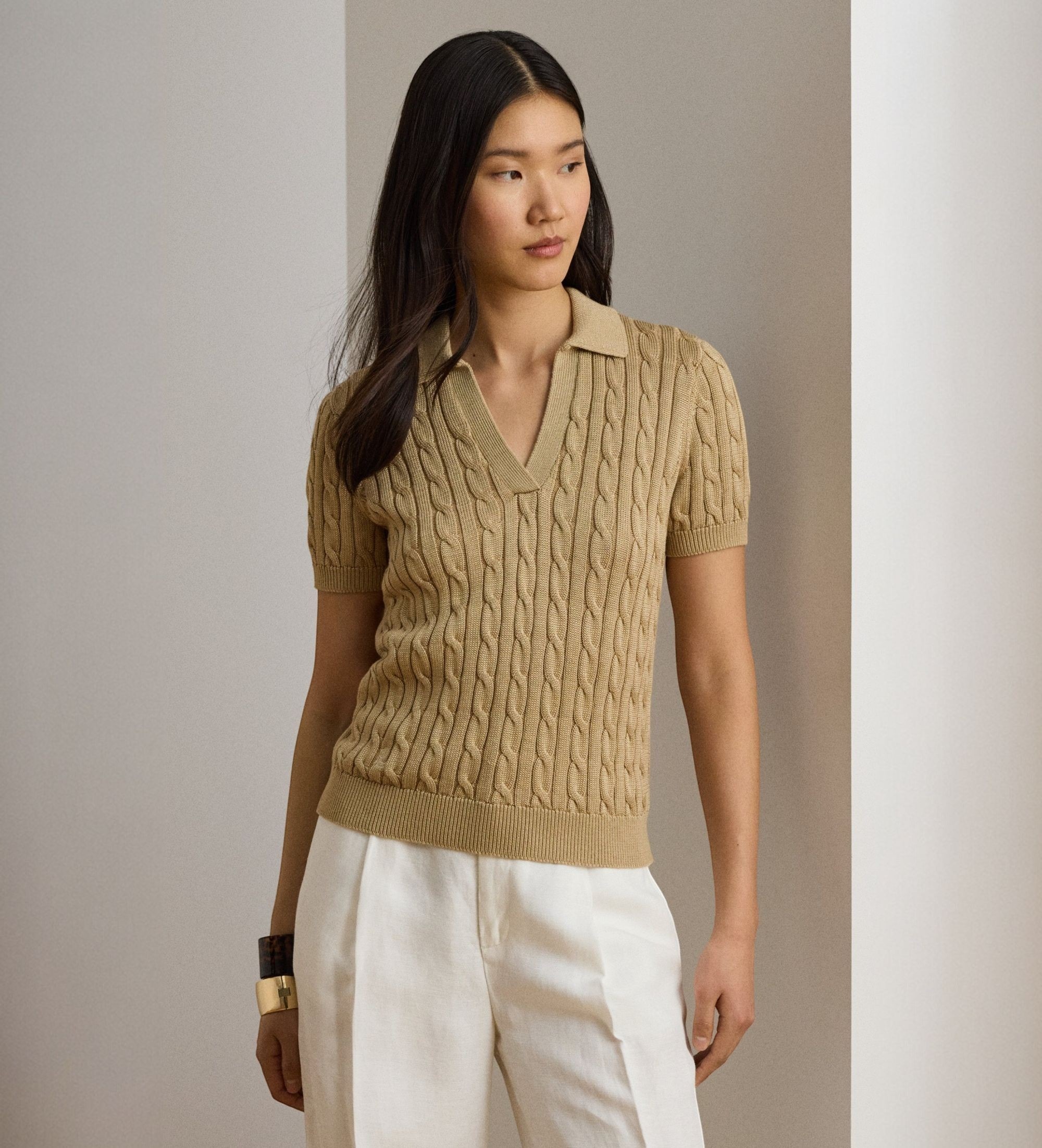 Lauren Ralph Lauren für Damen. 200P14041006 Beiger Baumwollpullover mit Zopfmuster (S), Lässig, Baumwolle, Kurzarm