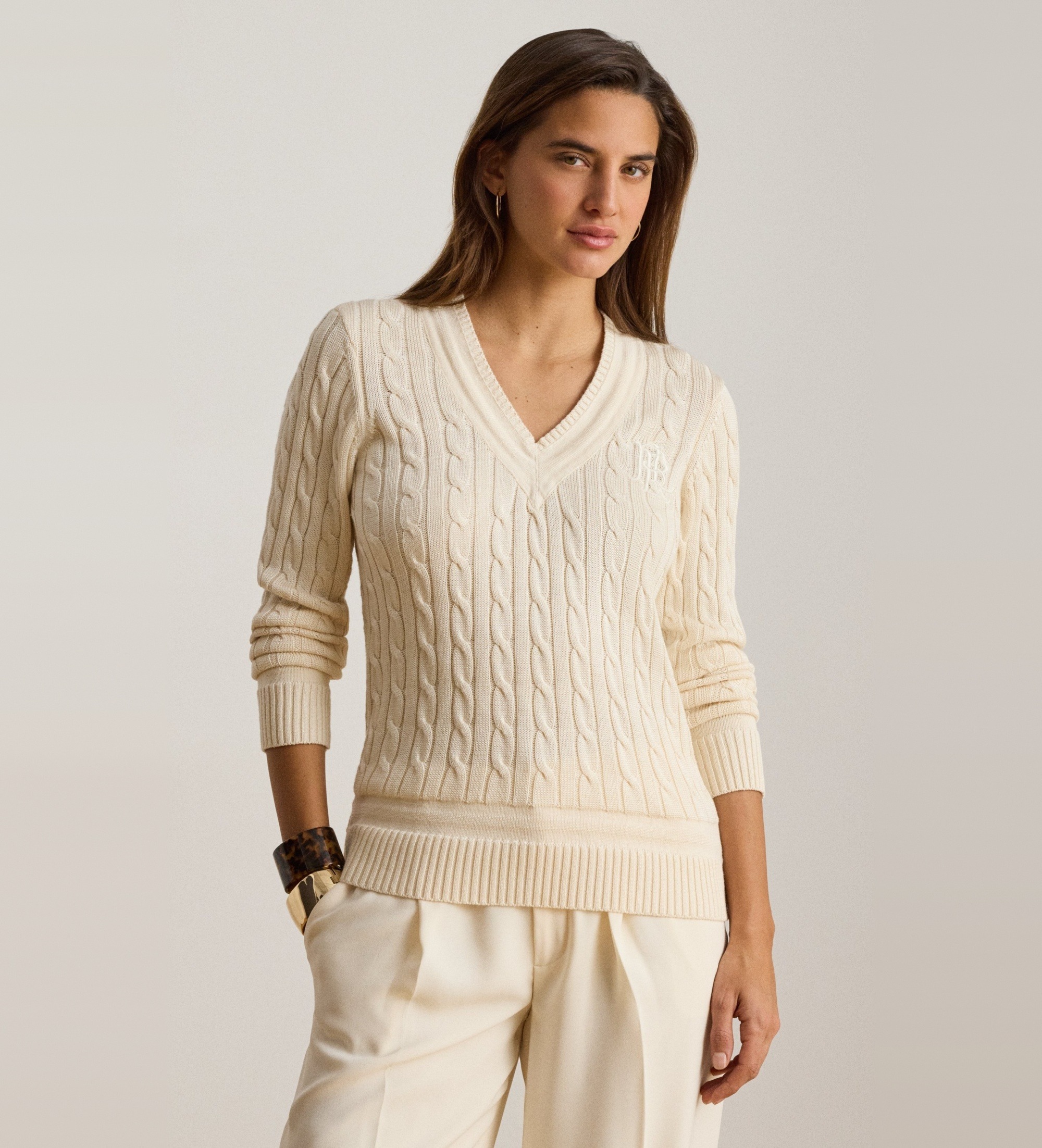 Lauren Ralph Lauren für Damen. 200888795011 Beigefarbener Cricket-Pullover mit gestrickten Achten (S), Lässig, Baumwolle, Langarm