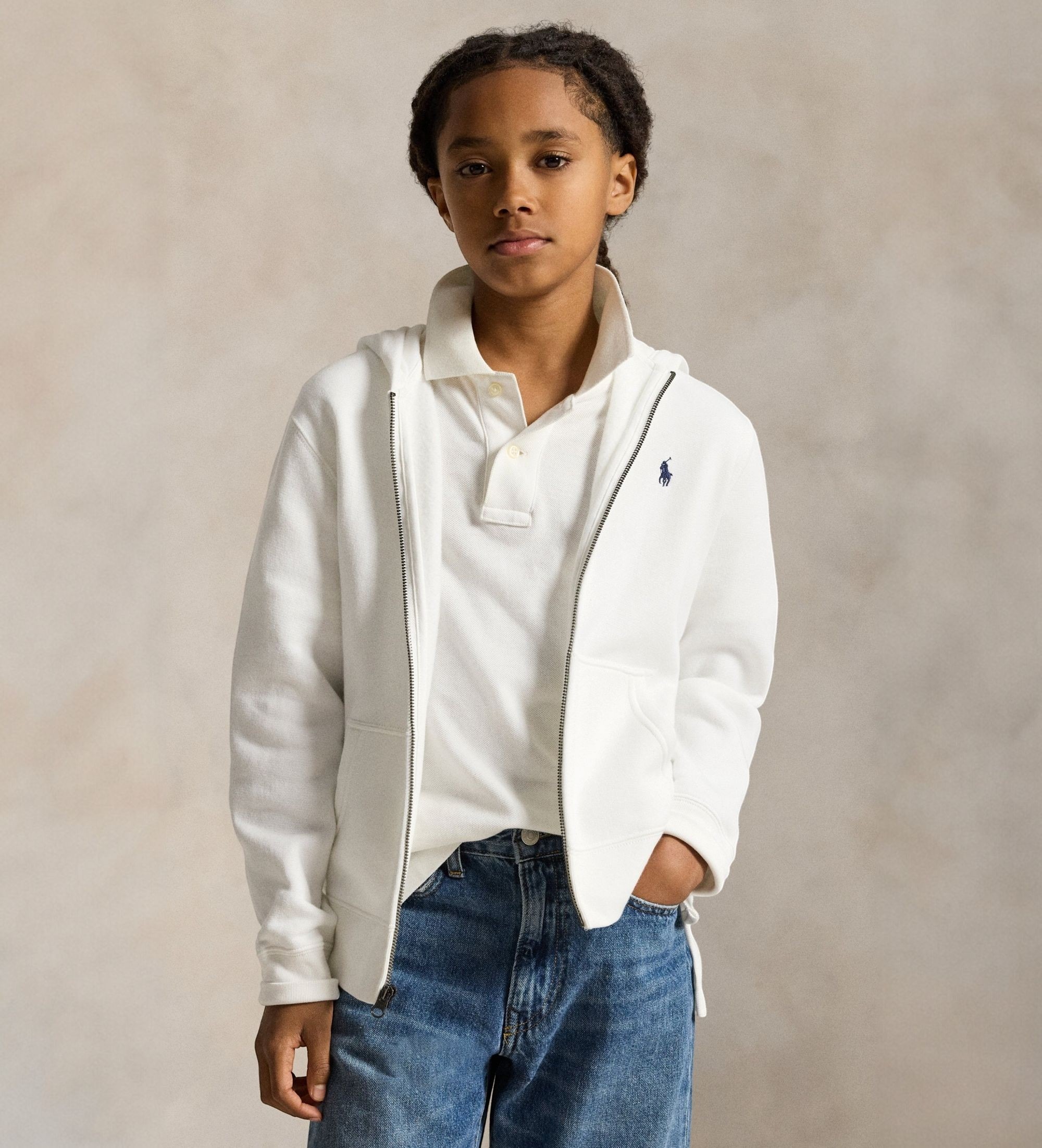 Polo Ralph Lauren für Jungen. 323799360501 Fleece-Sweatshirt mit Reißverschluss weiß ((S) 6/7años= 136/138cm), Lässig, Baumwolle, Kinderbekl