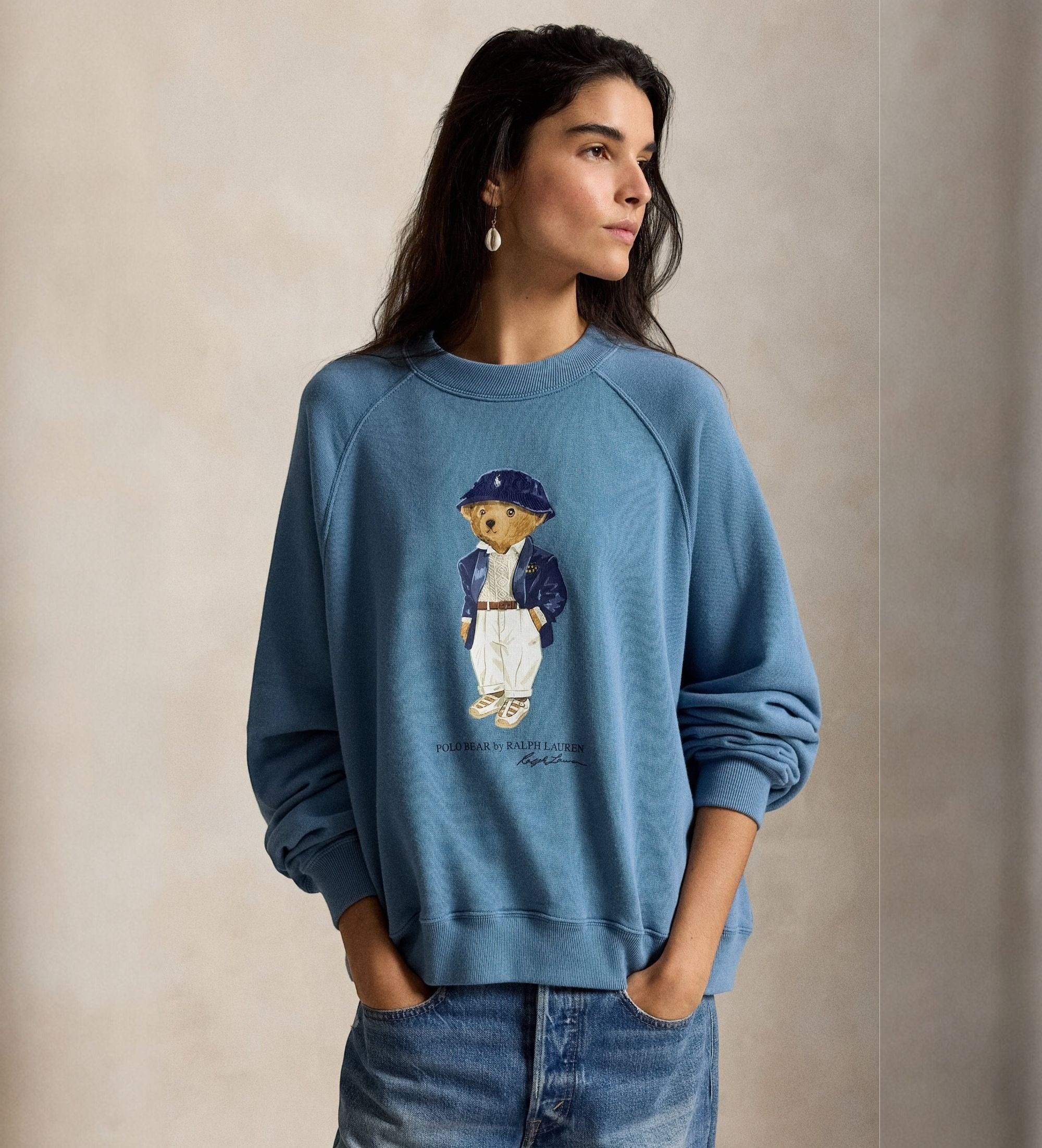 Polo Ralph Lauren für Damen. 211B17778001 Leichtes Fleece-Sweatshirt mit blauem Polo-Bär (XXS), Lässig, Baumwolle, Langarm