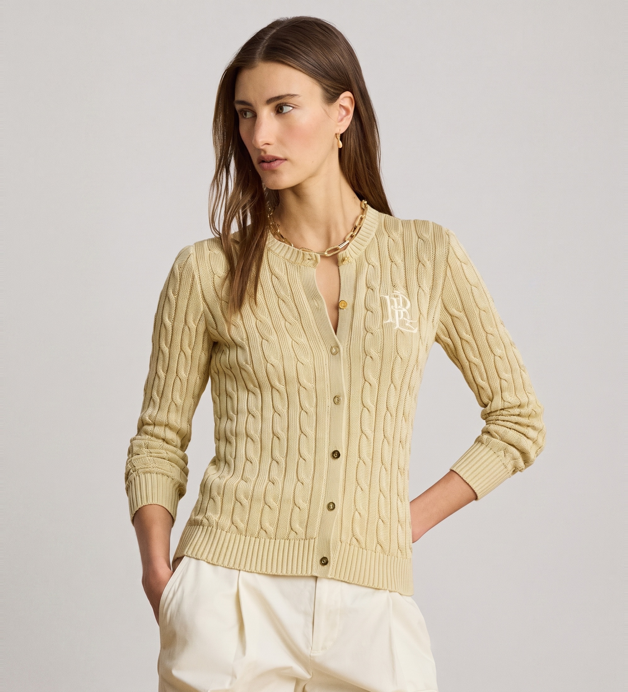 Lauren Ralph Lauren für Damen. 200P14040501 Baumwoll-Strickjacke aus beigefarbenem, ecrufarbenem Baumwoll-Jersey (XL), Lässig, Baumwolle, La