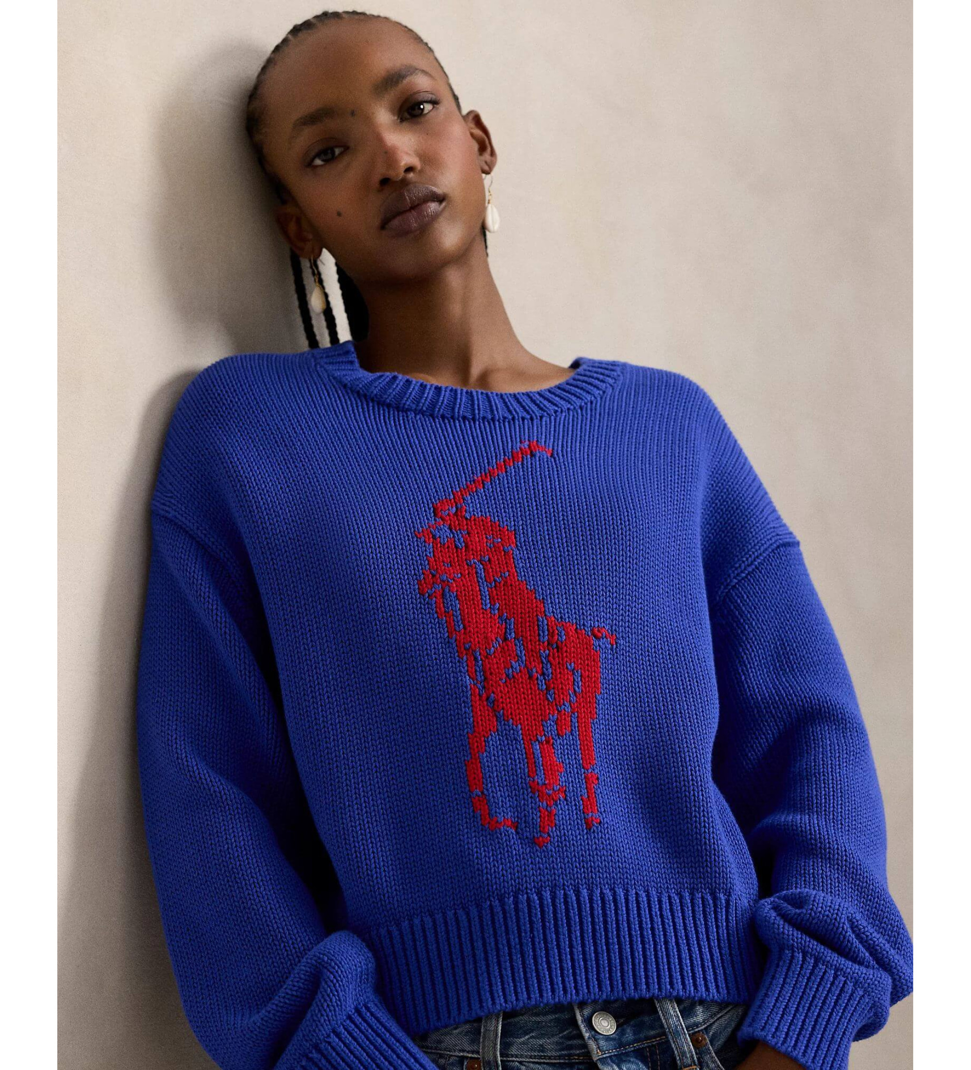 Polo Ralph Lauren dla kobiet. 211A96234001 Bawełniany sweter z niebieskim kucykiem Big Pony (M), Zwykły, Bawełna