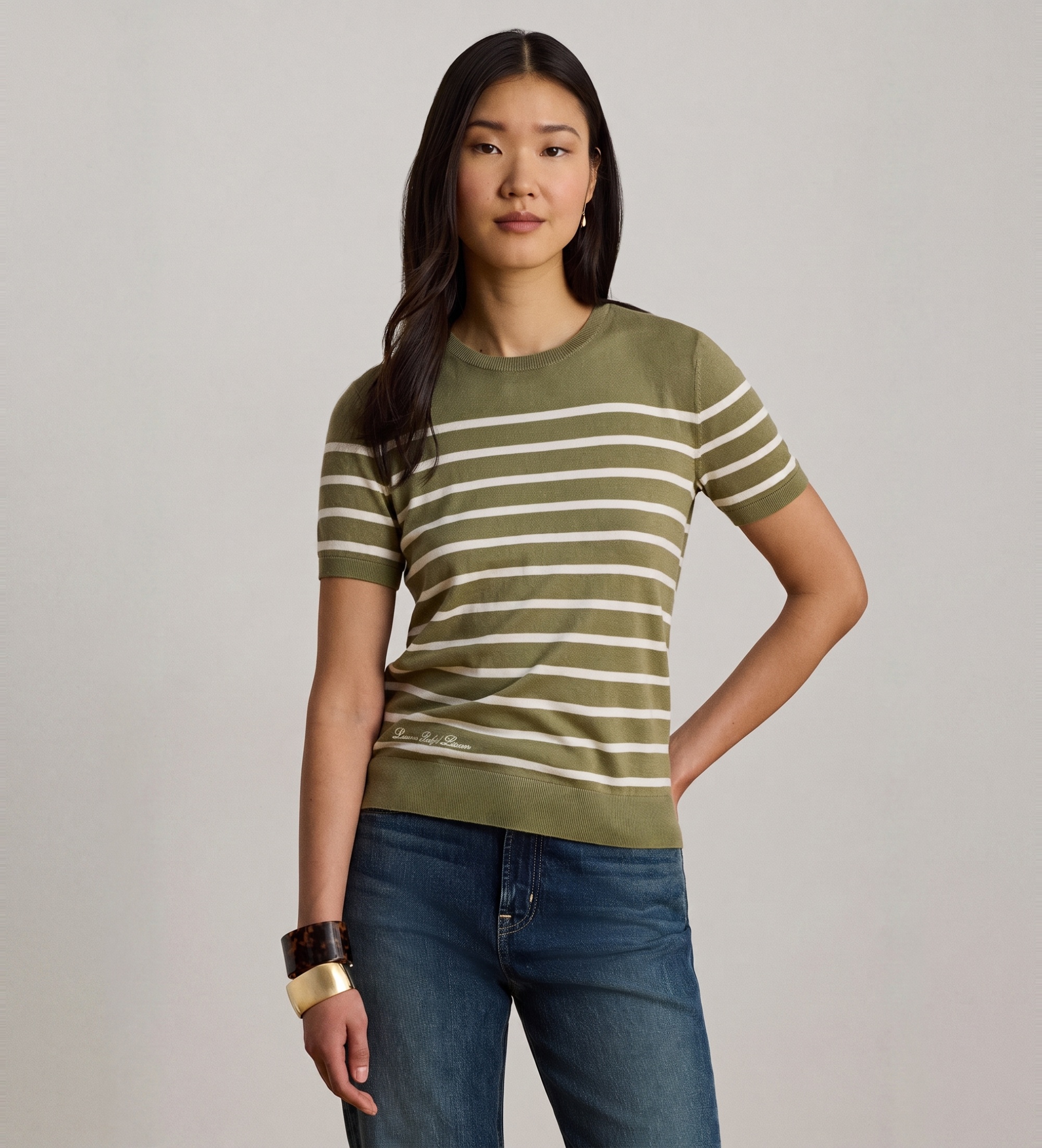 Lauren Ralph Lauren für Damen. 200P13973001 Kurzarm-Pullover mit grünen Streifen (L), Lässig, Baumwolle