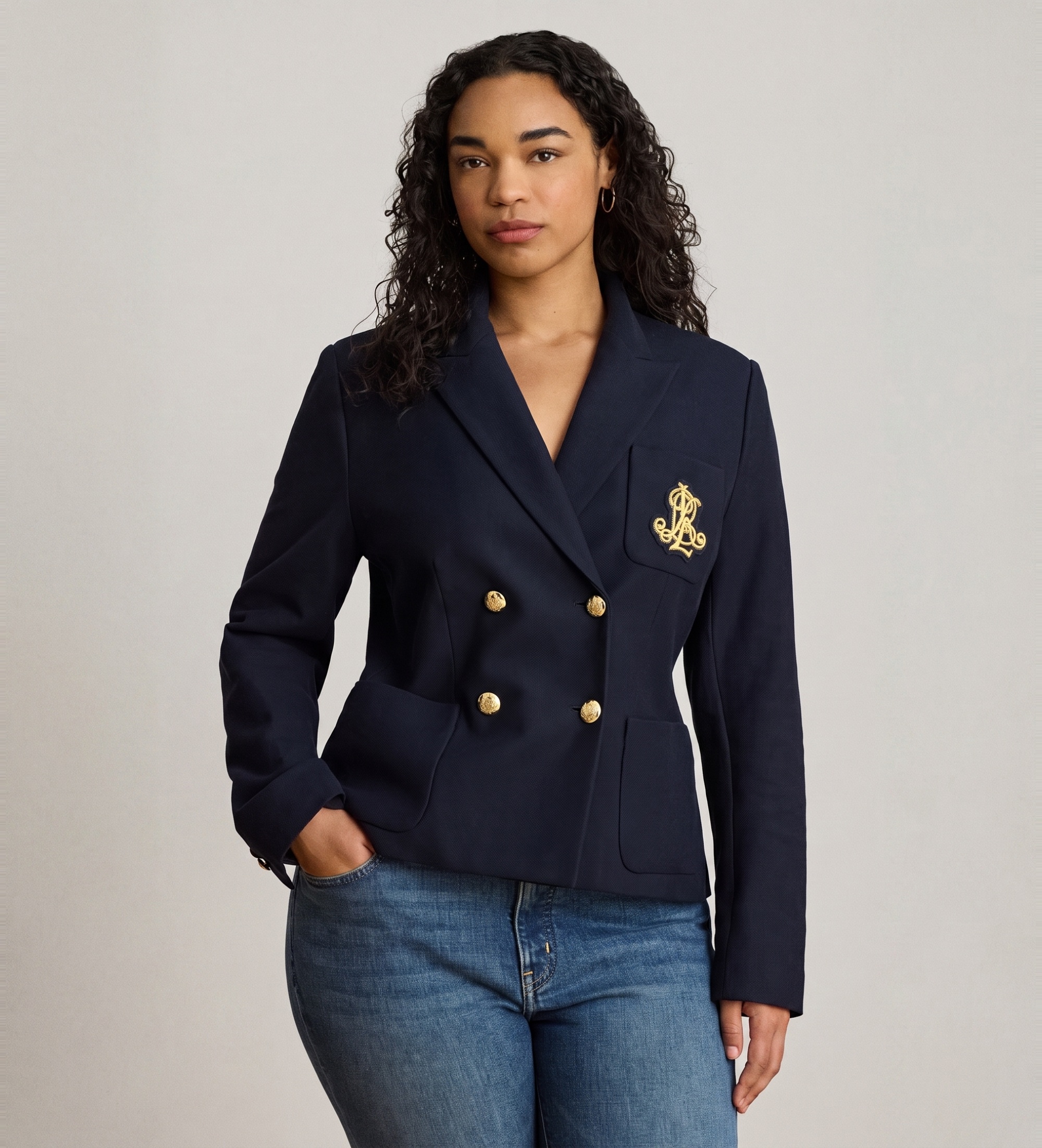 Lauren Ralph Lauren für Damen. 200P14021002 Marineblaues Piqué-Blazer mit Doppelreiher (42), Lässig, Baumwolle, Klassisch, Langarm