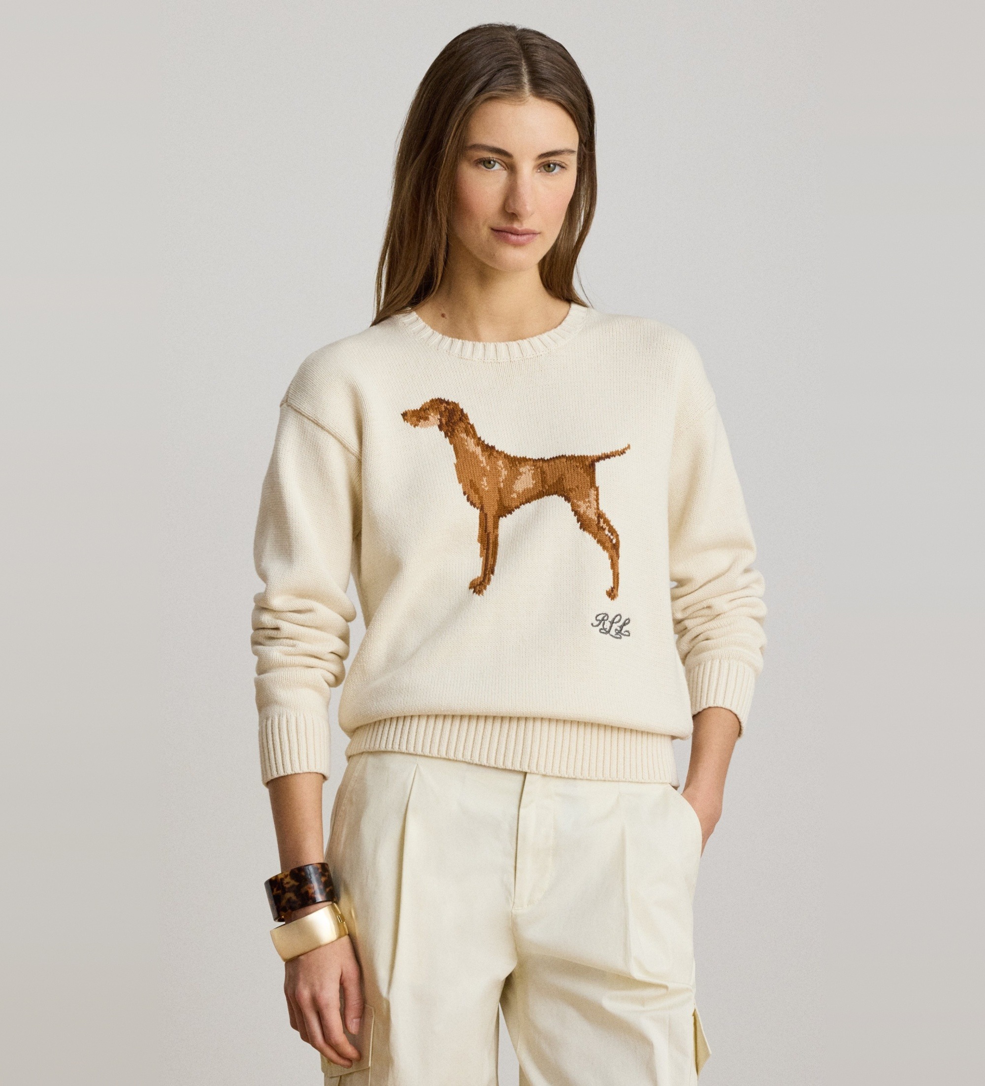 Lauren Ralph Lauren für Damen. 200P14120001 Pullover aus Baumwolle mit cremeweißem Intarsienhund (M), Lässig