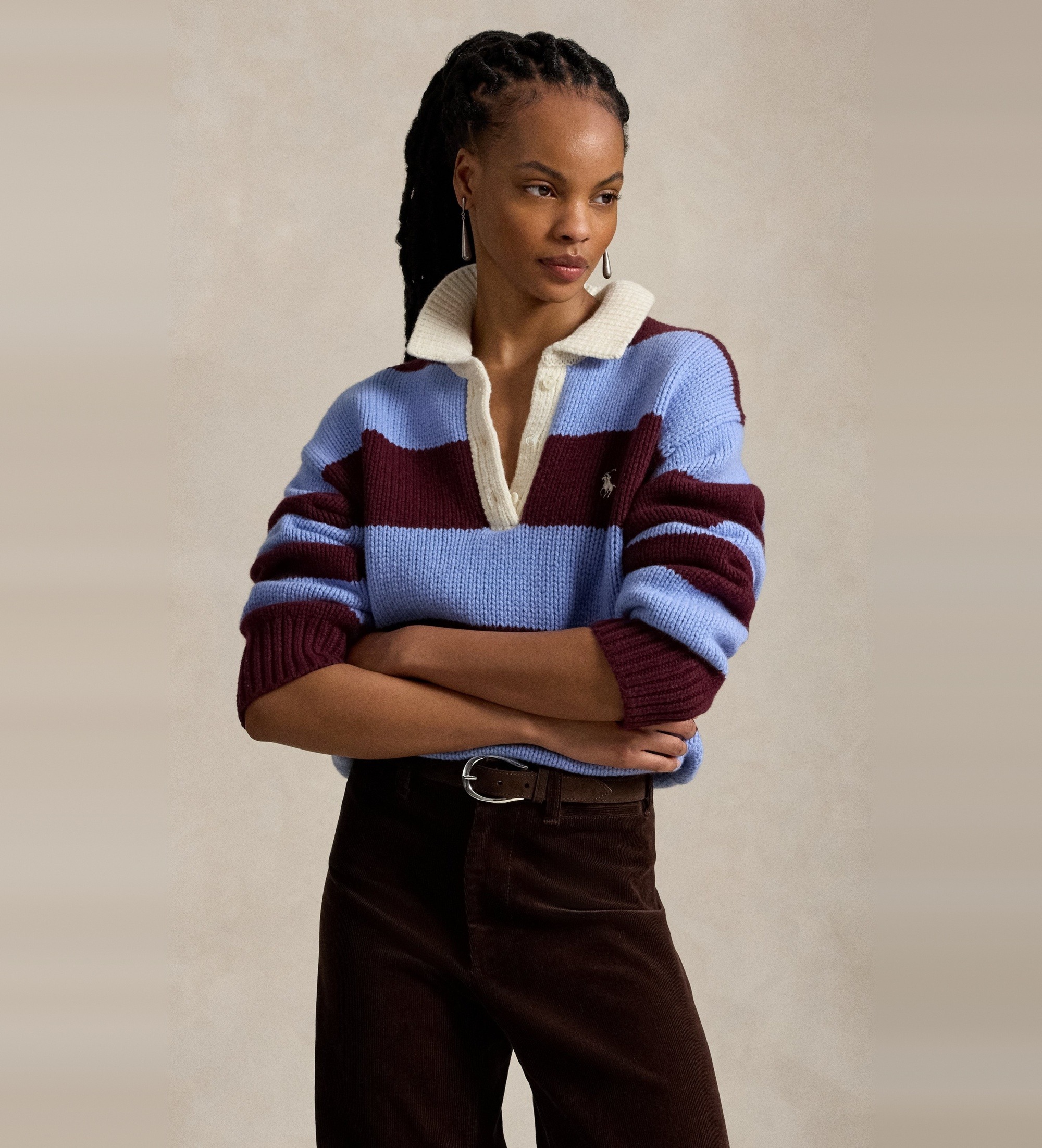 Polo Ralph Lauren für Damen. 211B17752001 Blau-weinroter Rugby-Pullover aus Wollmischung (M), Lässig, Kastanienbraun, Wolle