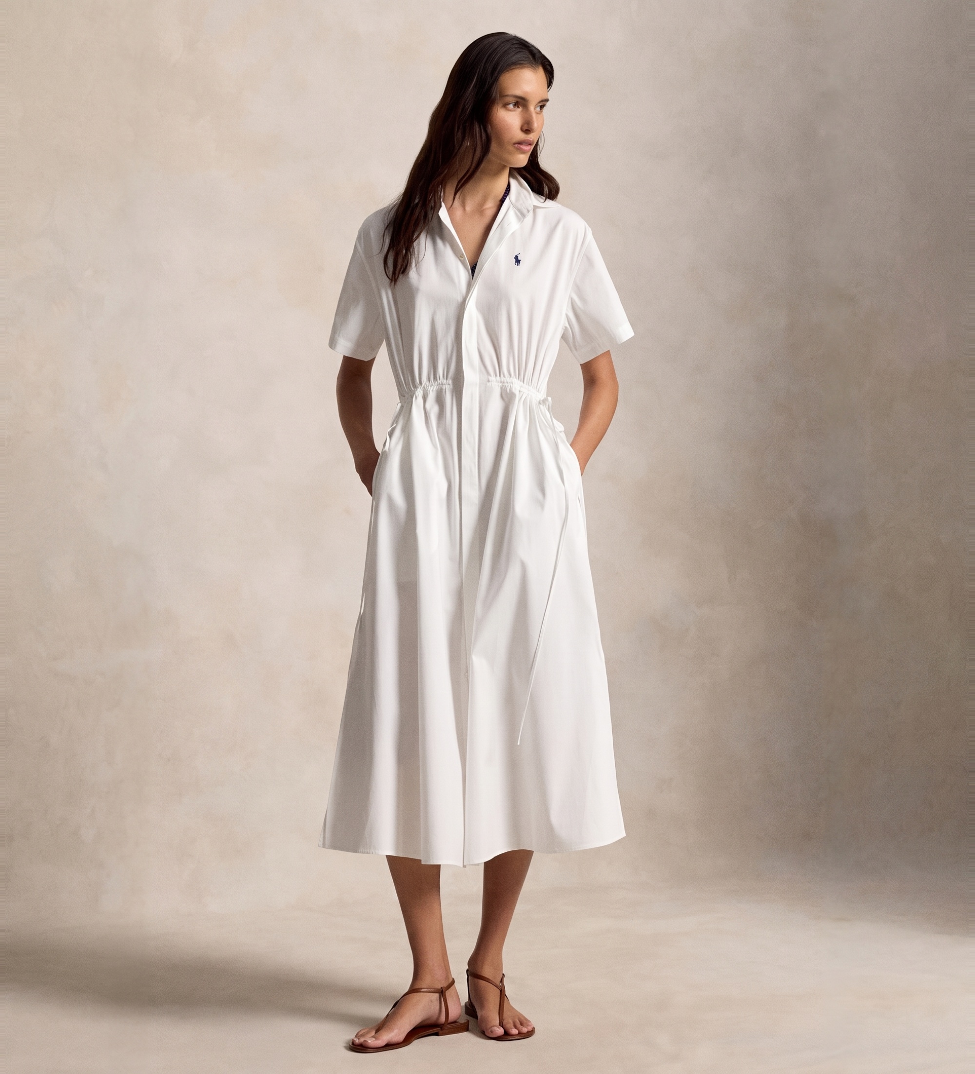 Polo Ralph Lauren für Damen. 211B18195001 Langes weißes Hemdkleid aus Baumwolle (36), Lässig, Kurzarm