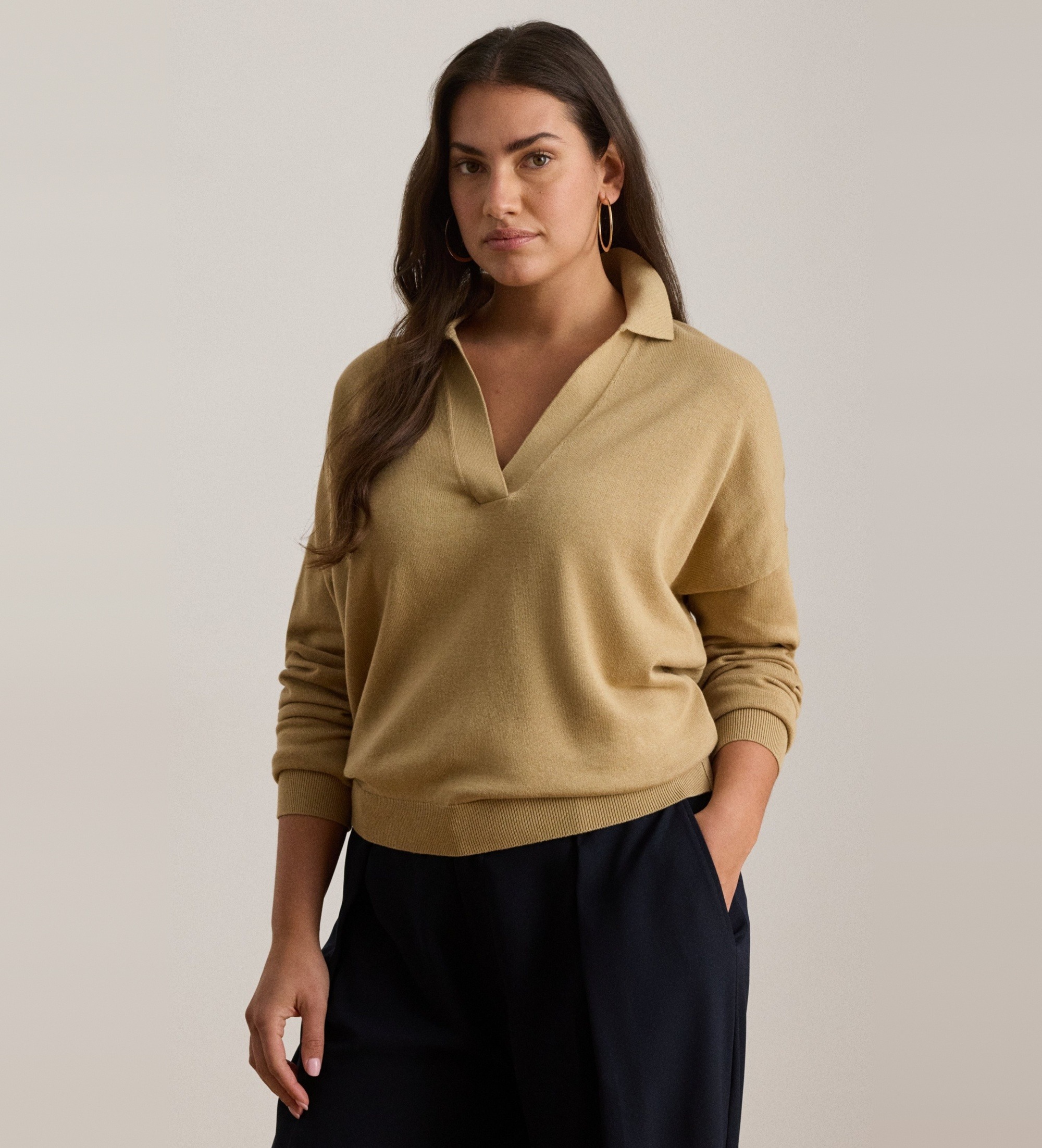 Lauren Ralph Lauren für Damen. 200P14056004 Beigefarbenes Poloshirt aus Baumwolle und Modal (L), Lässig, Langarm