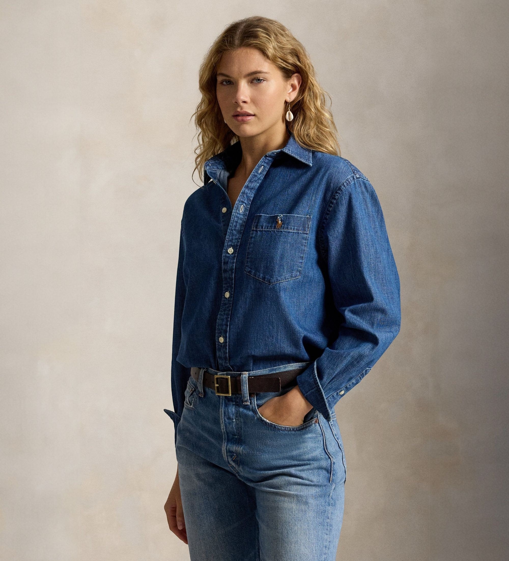 Polo Ralph Lauren für Damen. 211B17146001 Blaues Big Fit Hemd aus Baumwoll-Denim (L), Lässig, Baumwolle, Langarm