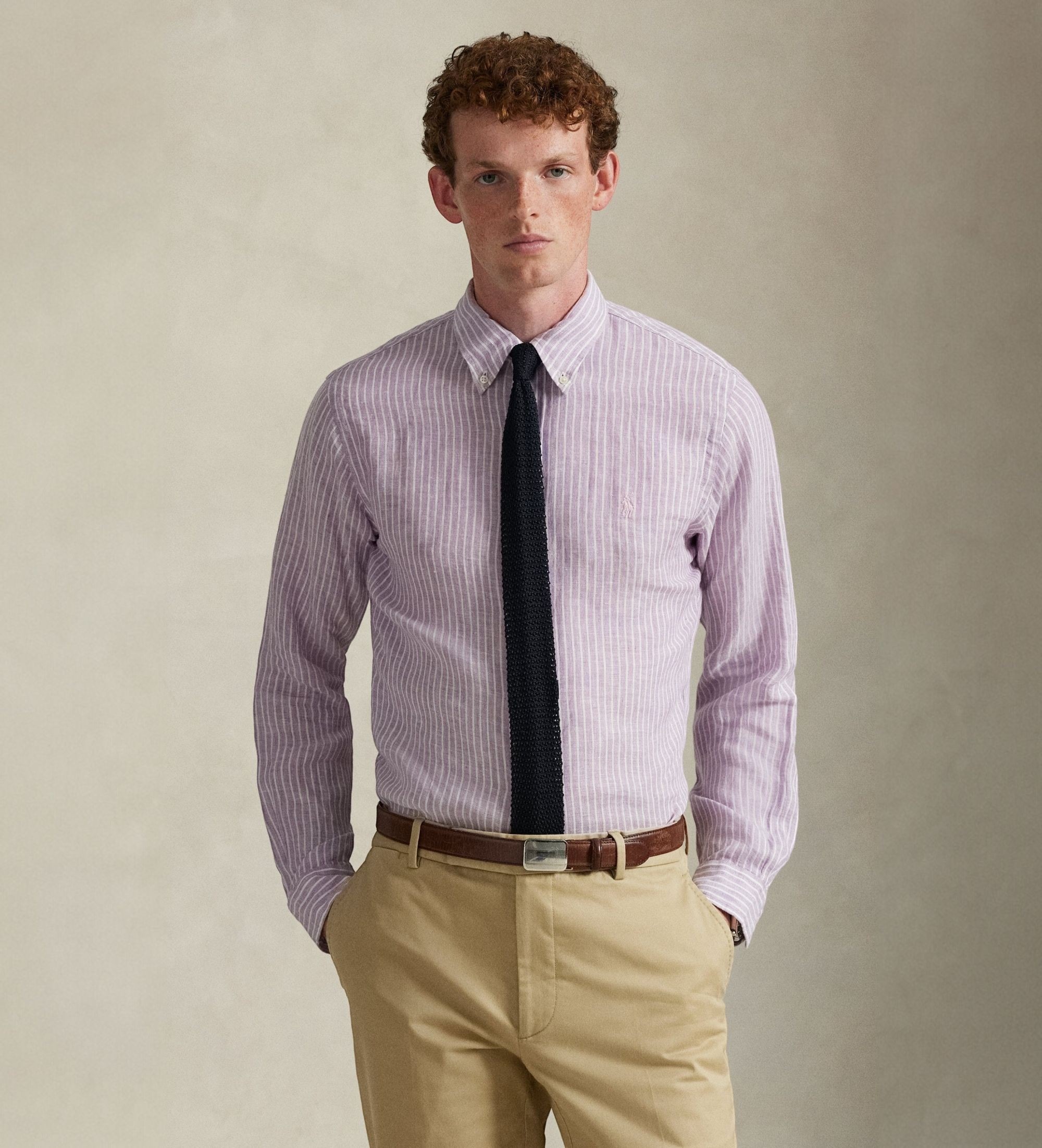 Polo Ralph Lauren für Herren. 710B15594003 Leinenhemd mit fliederfarbenen Custom Fit-Streifen (S), Lässig, Langarm