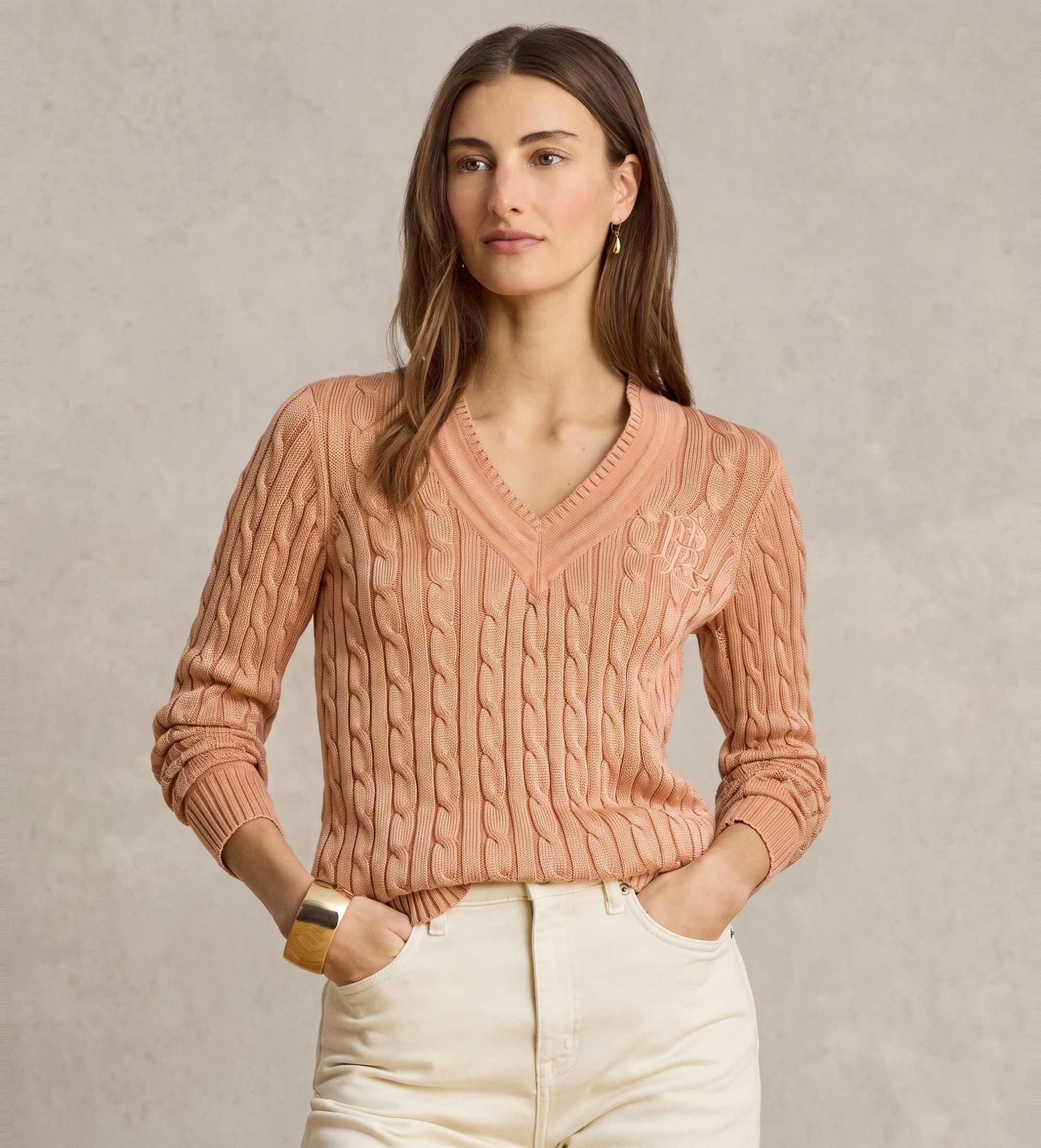 Lauren Ralph Lauren für Damen. 200888795012 Cricket-Pullover aus korallenrotem Achter-Strickstoff (M), Lässig, Baumwolle, Langarm