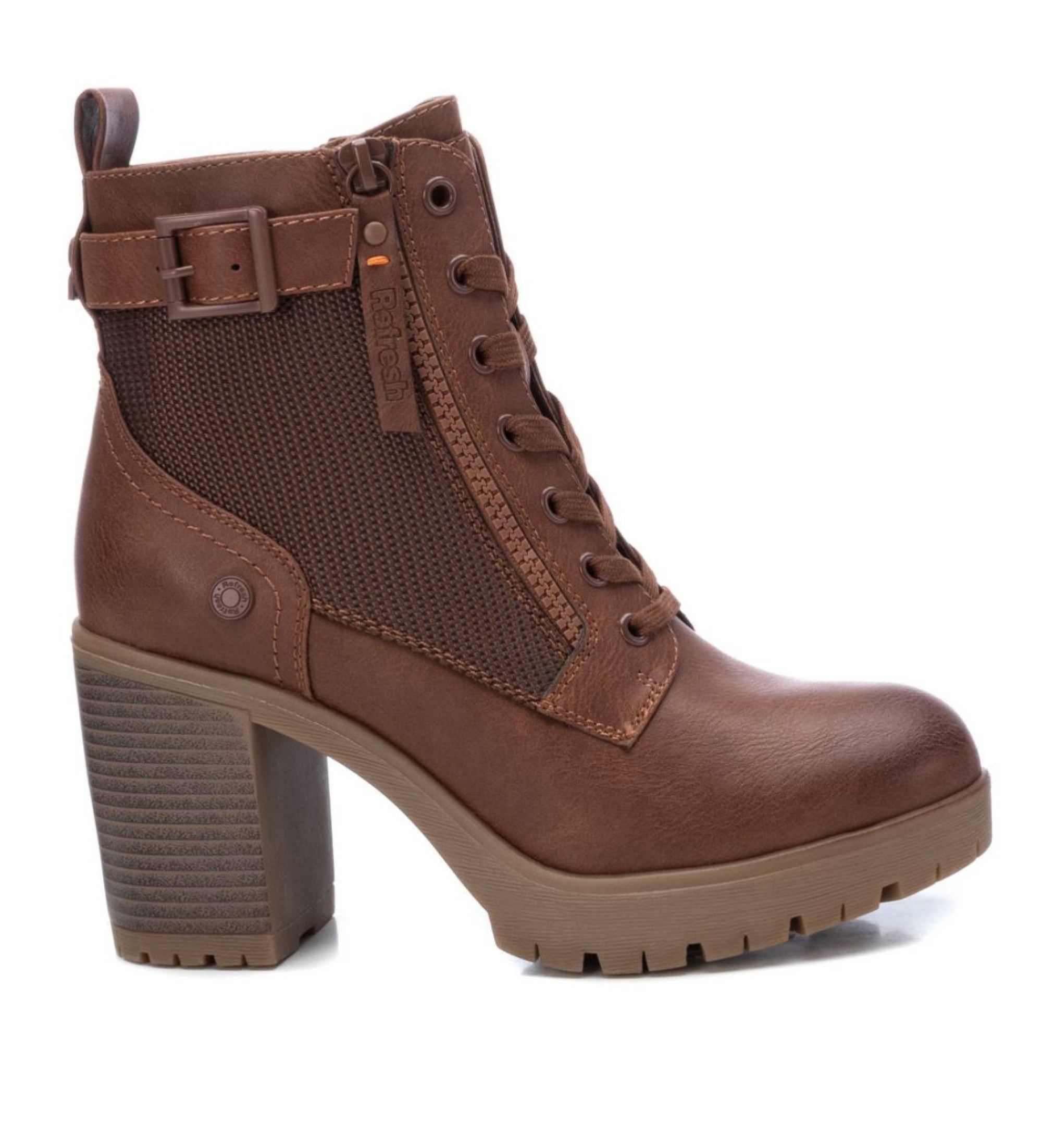 Refresh für Damen. 17123201-CAMEL Stiefelette mit Schnalle -Höhe Absatz 8cm- braun (40), 5 bis 8 cm, Schnürsenkel, Reißverschluss, Lässig, K
