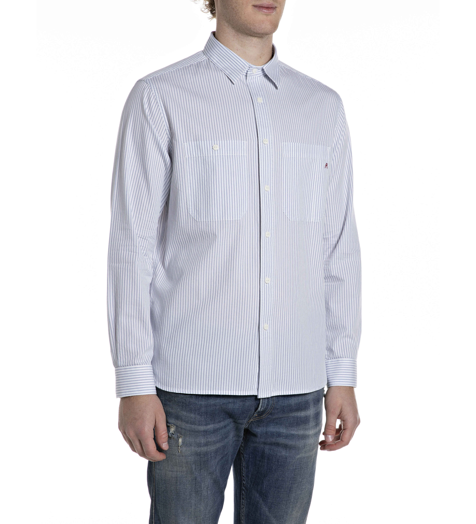 Replay für Herren. M4138A.000.52880 Gestreiftes Hemd Regular Fit blau (XL), Lässig, Baumwolle, Klassisch, Langarm