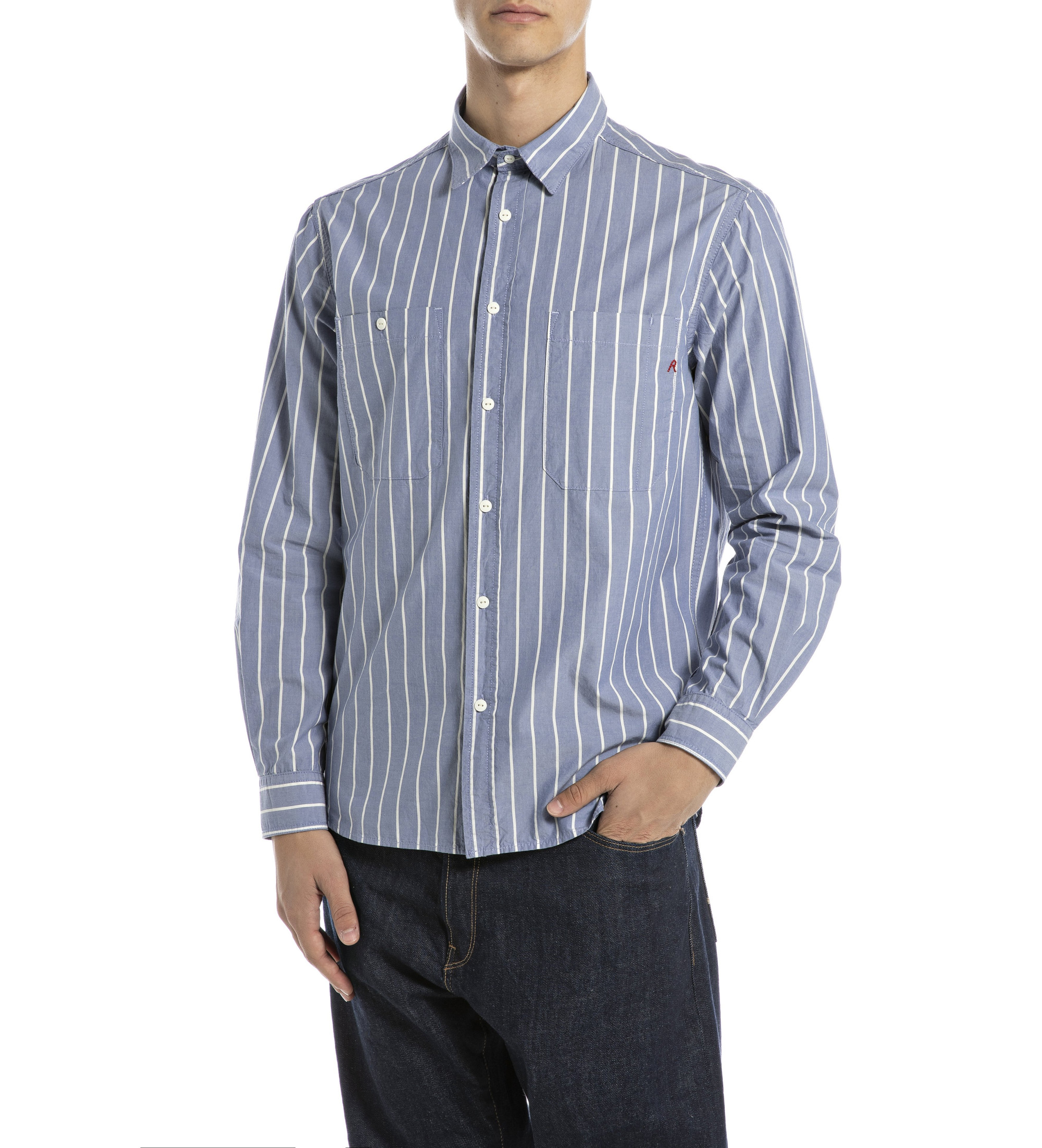 Replay für Herren. M4153.000.52852 Garngefärbtes Hemd blau (L), Lässig, Klassisch, Polyester, Langarm