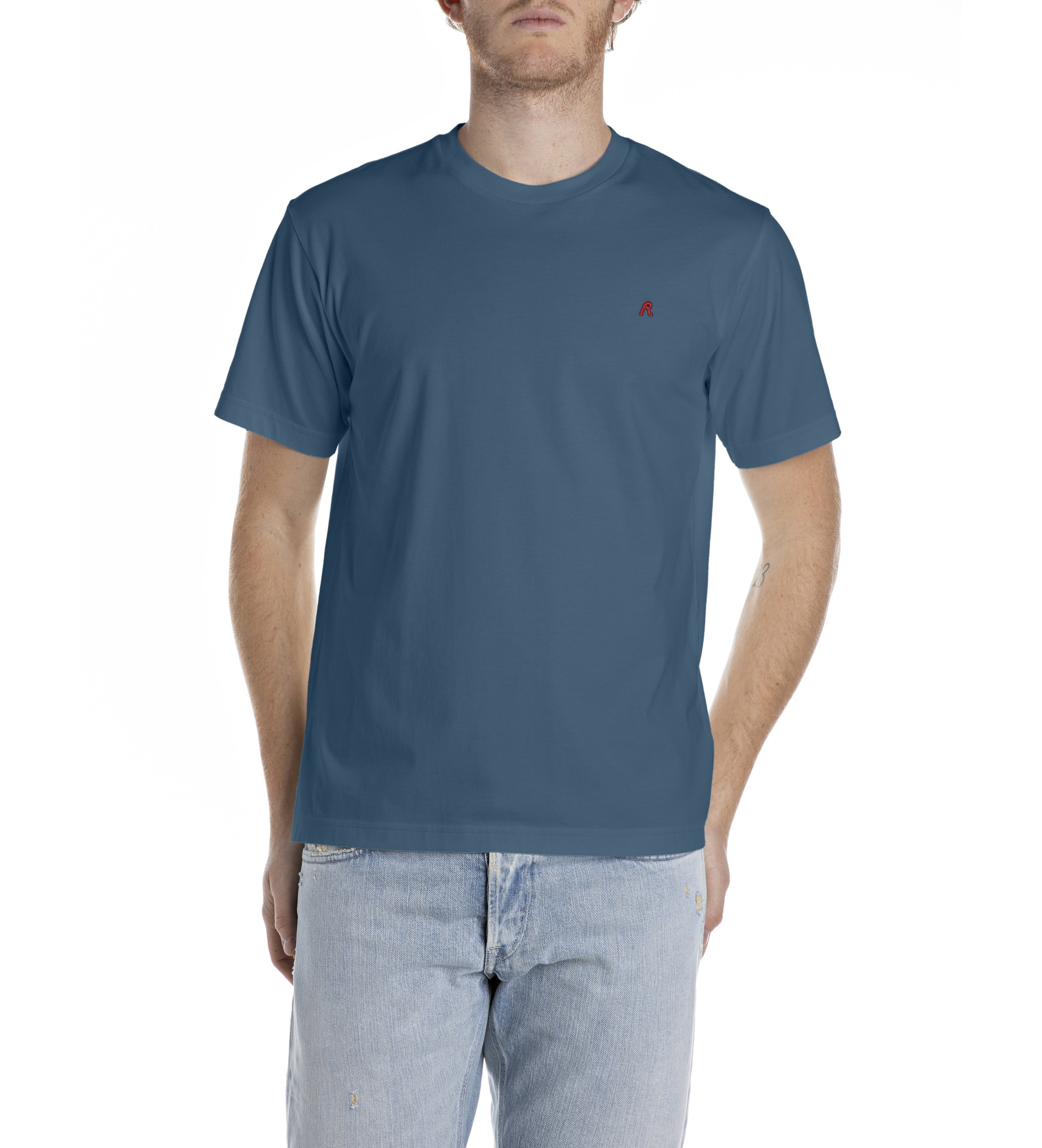 Replay für Herren. M3015.000.2660 T-Shirt mit blauem gesticktem R (M), Lässig, Baumwolle, Kurzarm