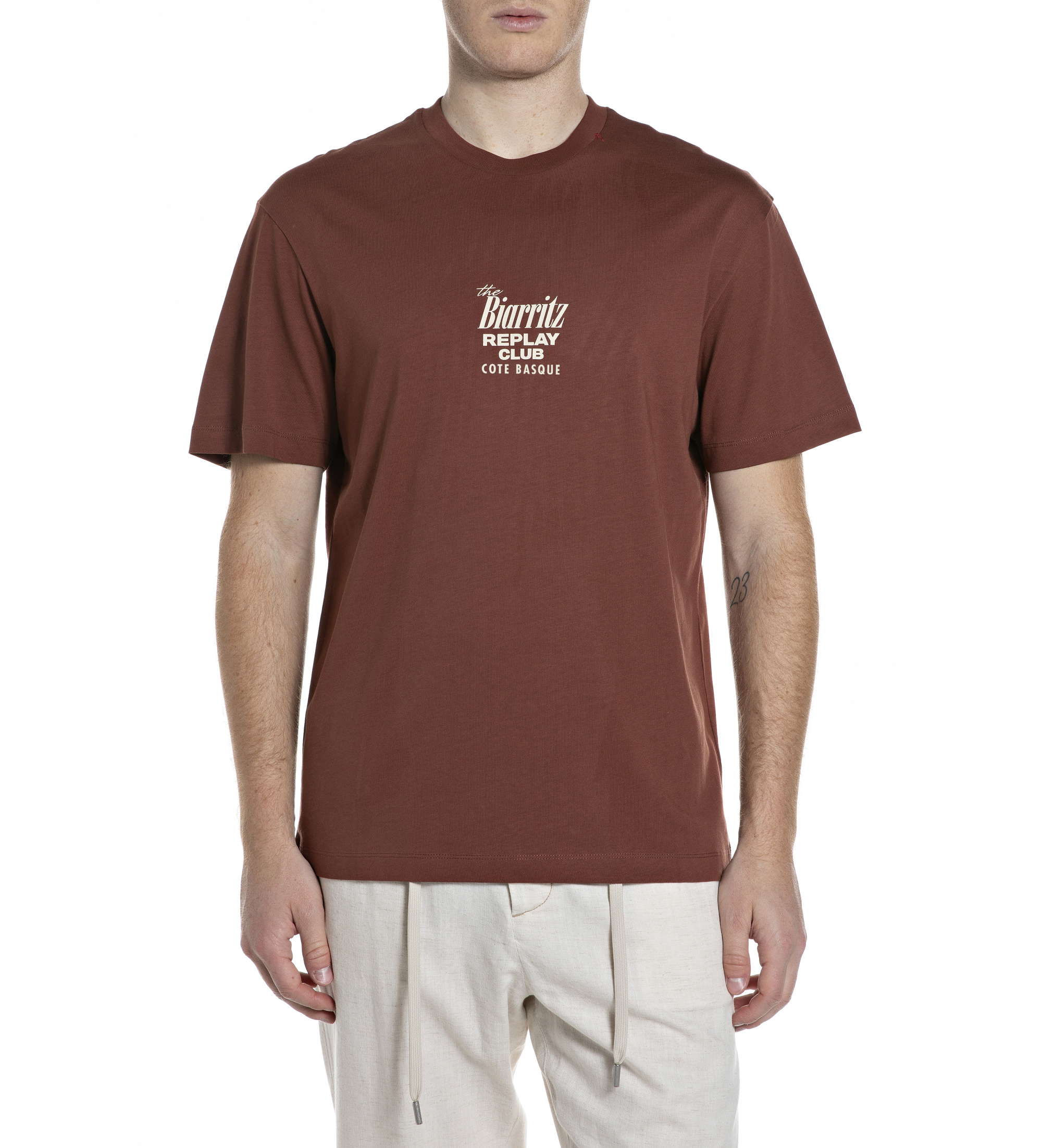 Replay für Herren. M3374.000.23608P T-Shirt mit Schokoladen-Cocktail-Aufdruck (S), Braun, Lässig, Baumwolle, Kurzarm