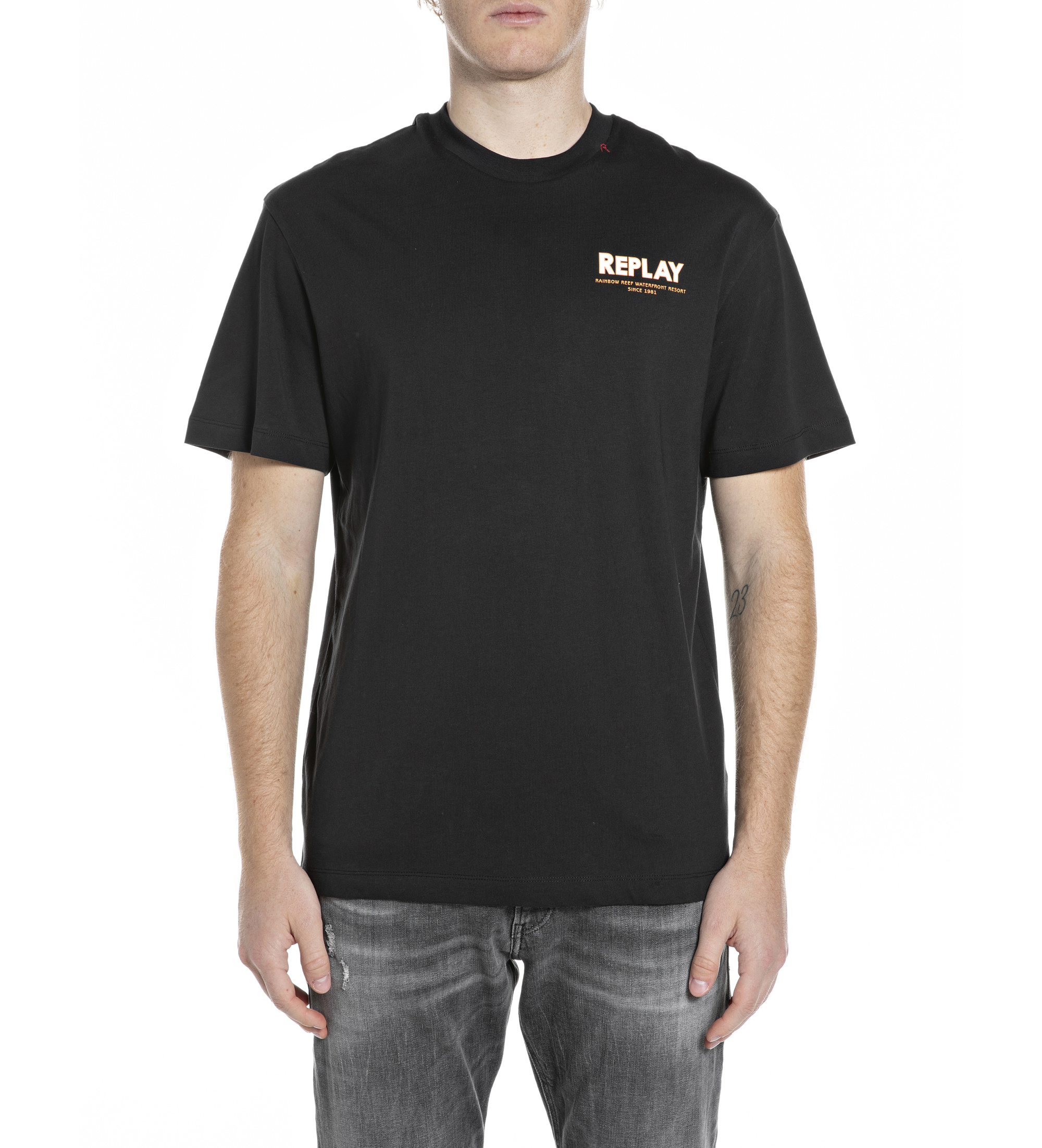 Replay für Herren. M3397.000.23608P Schwarzes bedrucktes T-shirt (S), Lässig, Baumwolle, Kurzarm