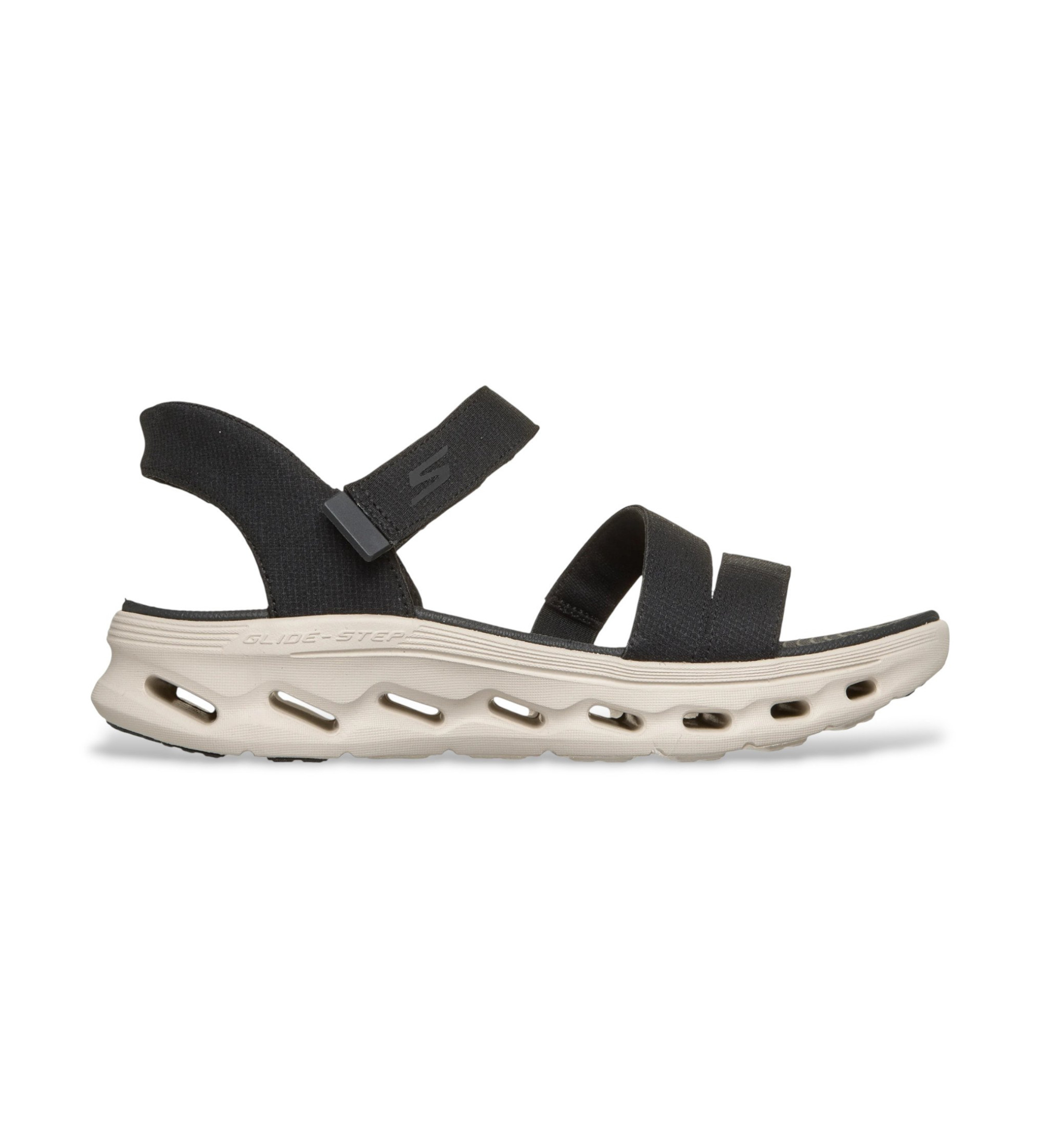 Skechers für Damen. 141269 Slip-Ins Go Walk Glide Step 2.0 Ella schwarz Sandalen (41), Wohnung, 1 bis 3 cm, Klettverschluss, Lässig