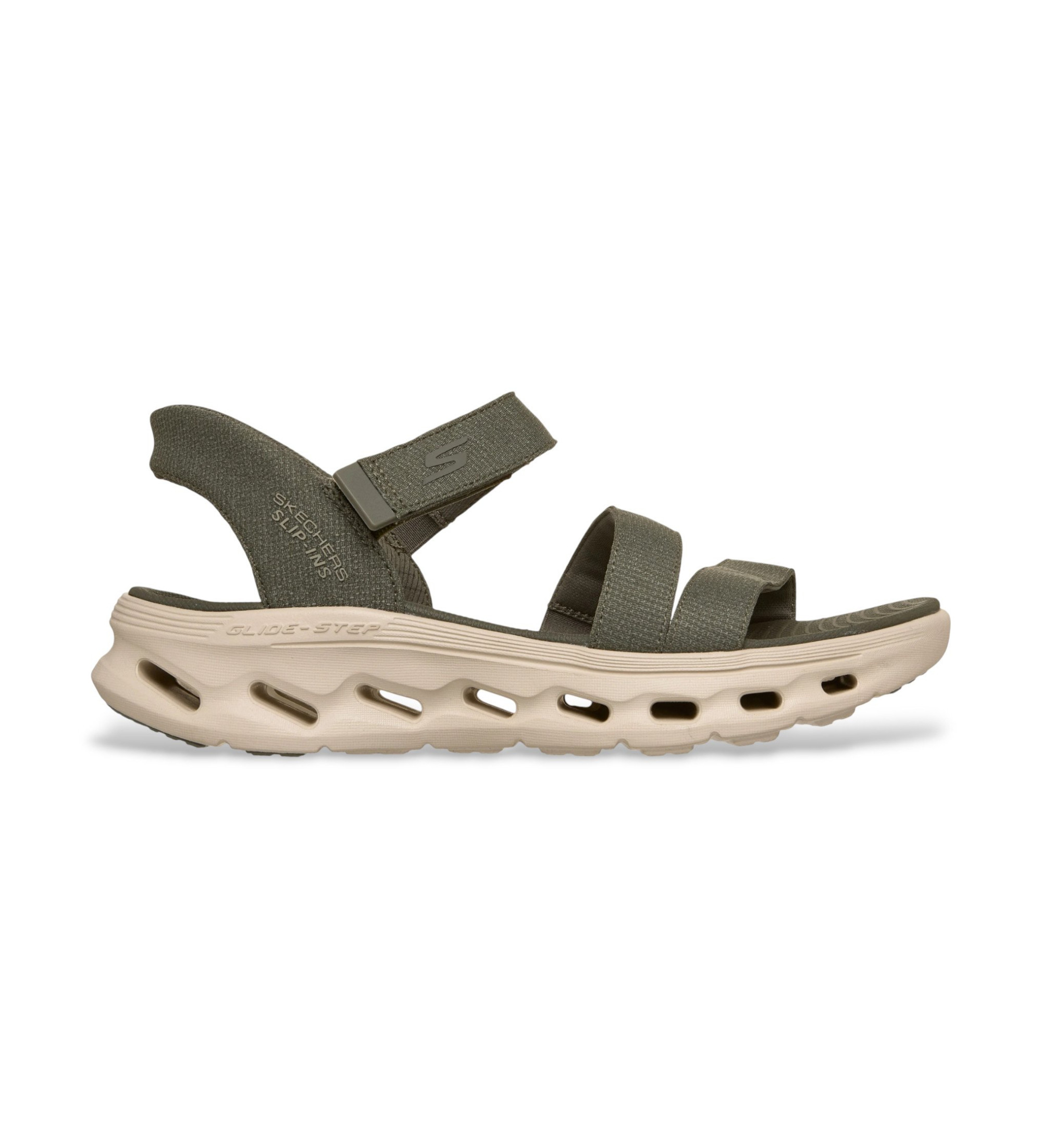 Skechers für Damen. 141269 Slip-Ins Go Walk Glide Step 2.0 Ella olivgrün Sandalen (41), Wohnung, 1 bis 3 cm, Klettverschluss, Lässig