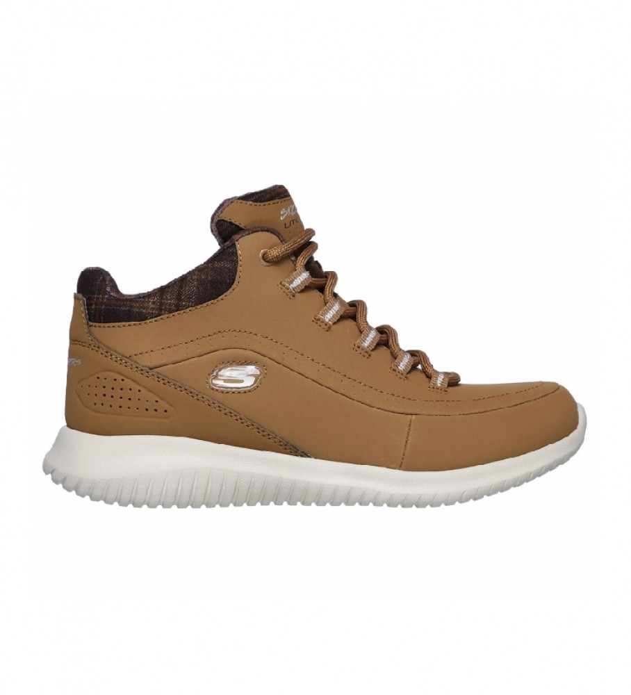 Skechers für Damen. 12918 Ultra Flex Just Chill braune Lederstiefeletten (35), Wohnung, Schnürsenkel, Lässig, Sportlich