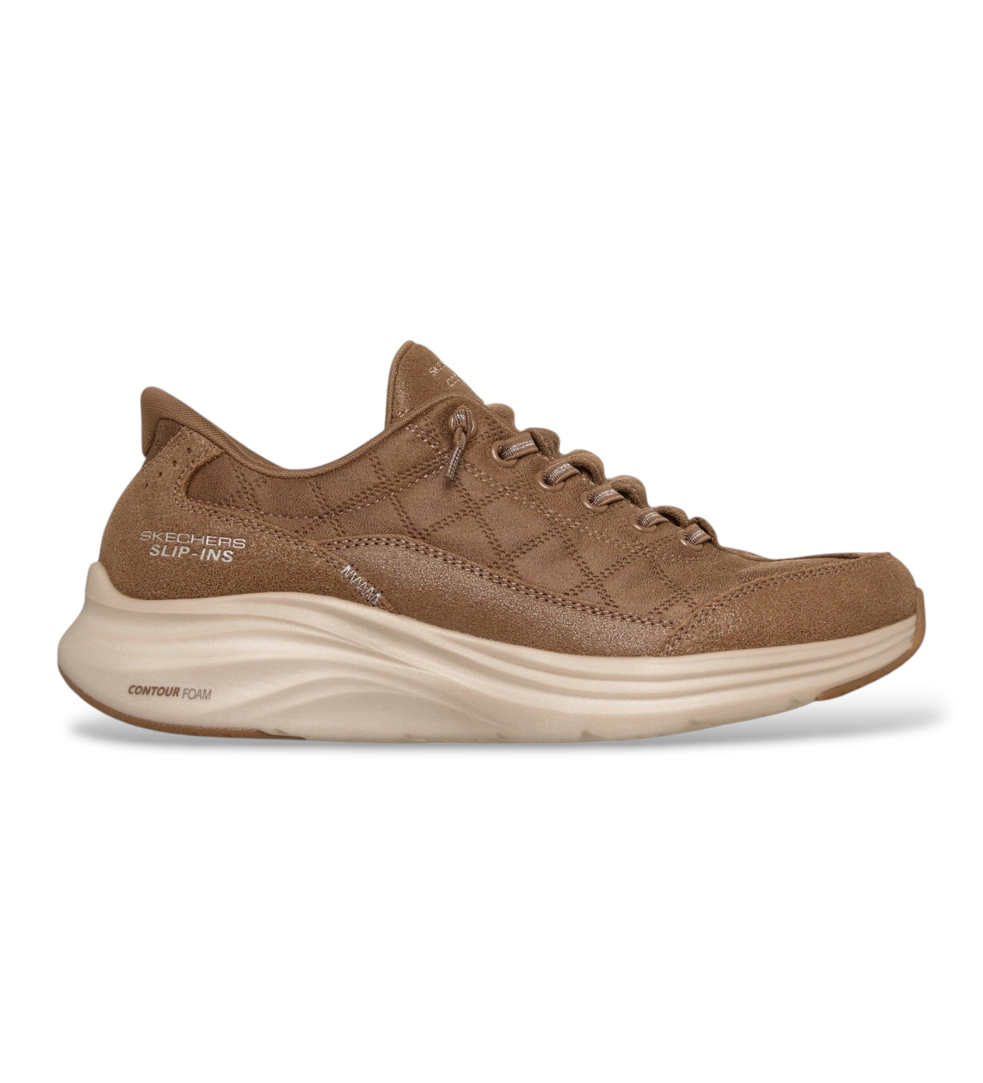 Skechers für Damen. 150507 Slip-Ins Sneaker: Contour Foam - Cozy Fit Natural Ease hellbraun (39), Leder, Wohnung, Schnürsenkel, Lässig