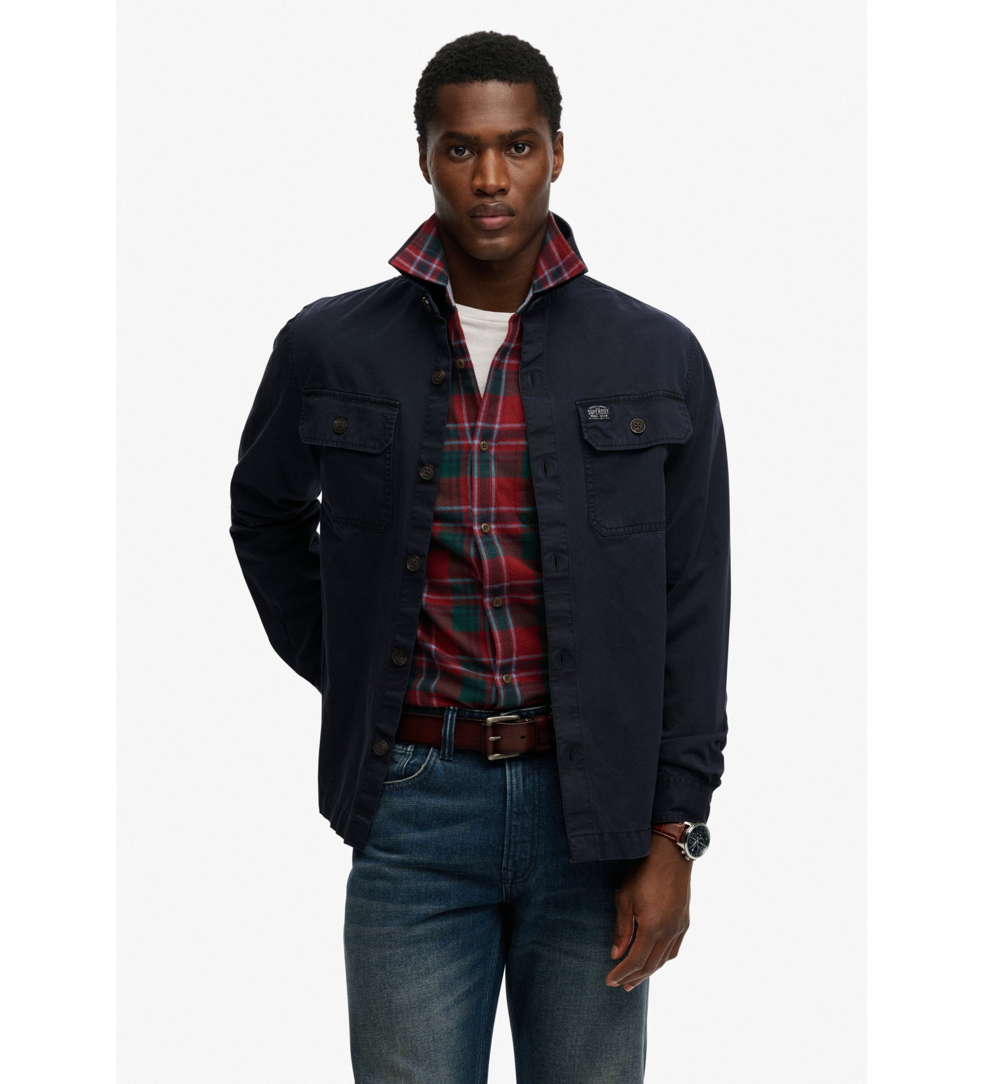 Superdry für Herren. M4011127A Hemd 2 Pocket navy (L), Lässig, Baumwolle, Langarm, Marine