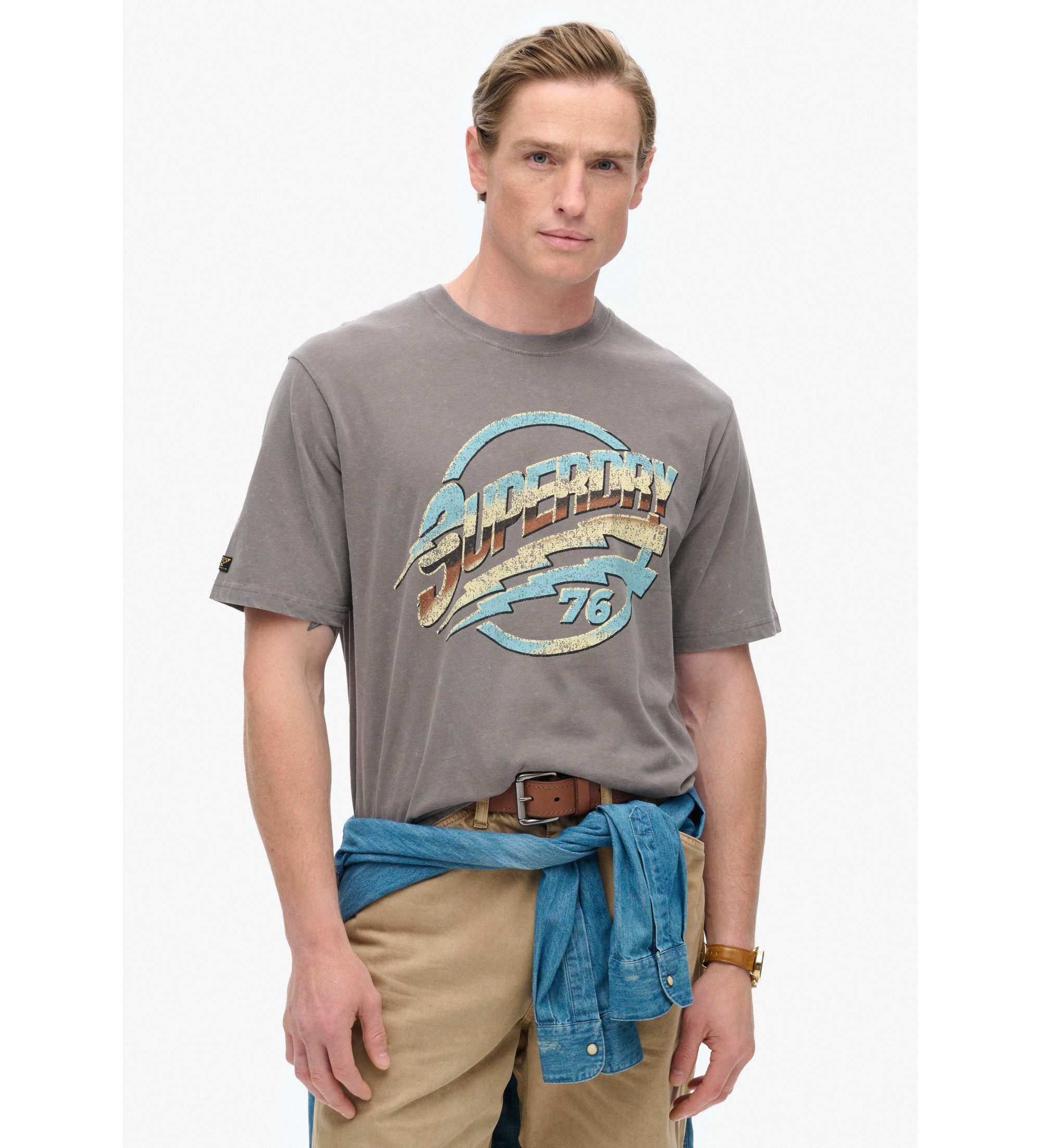 Superdry für Herren. M1012019A 70er Jahre Rock-T-Shirt grau (L), Lässig, Baumwolle, Kurzarm