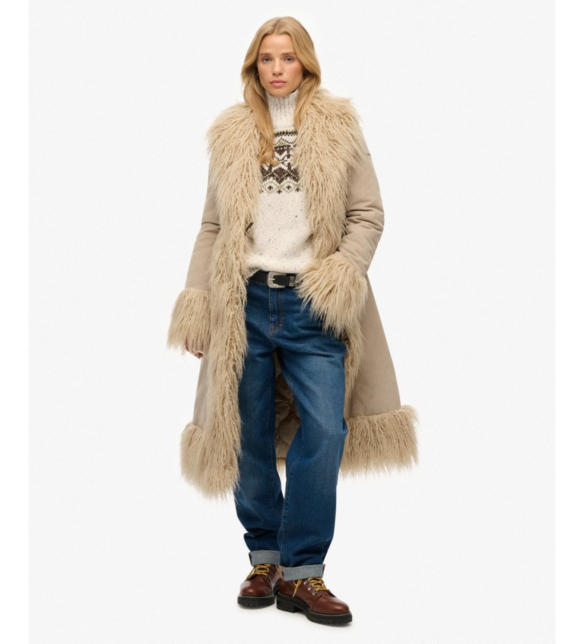 Superdry für Damen. W5012136A Afghanischer Mantel in Taupe (L), Lässig, Polyester