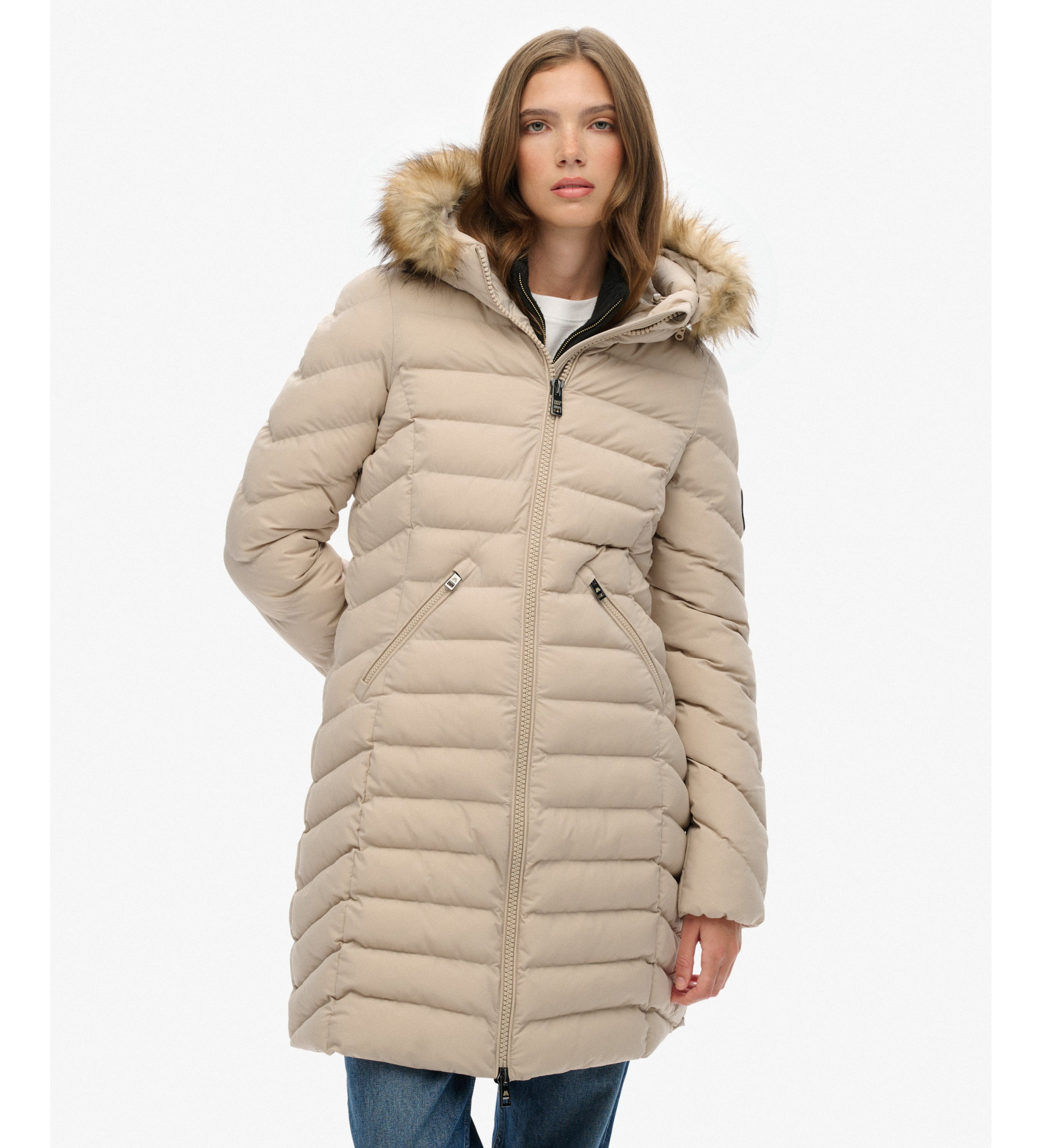 Superdry für Damen. W5011999A Fuji Faux beige Mantel (M), Lässig, Recyceltes Polyester, Nachhaltig