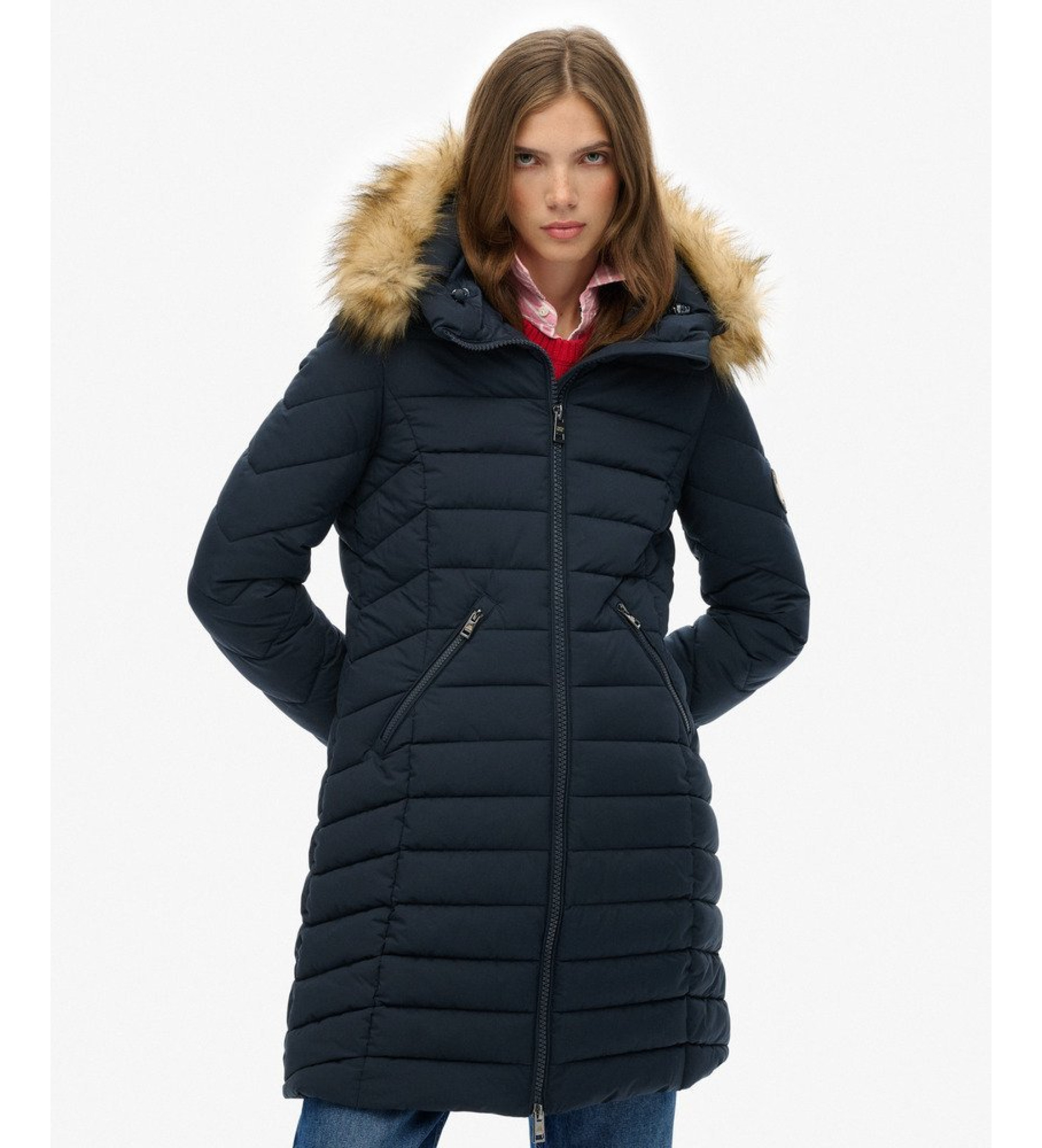 Superdry für Damen. W5011999A Fuji Kunstpelzmantel navy (L), Lässig, Polyester, Marine